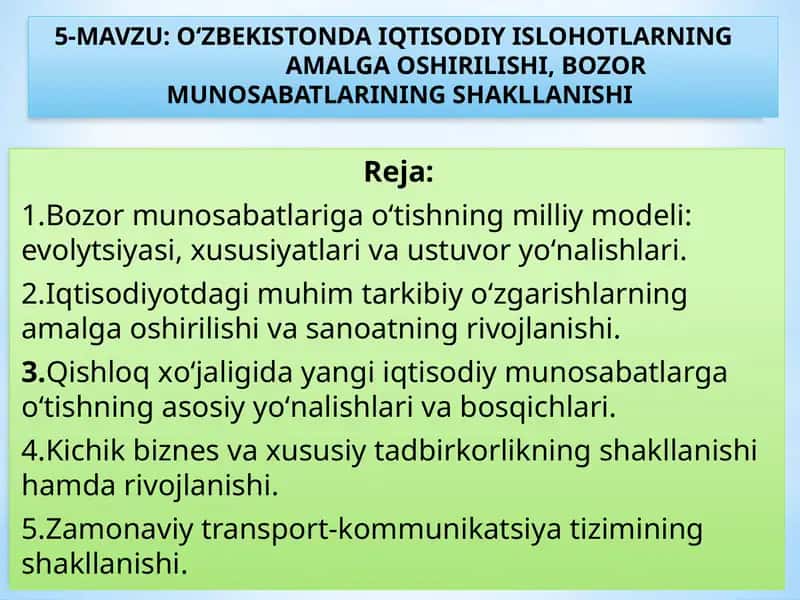 О‘ZBEKISTONDA IQTISODIY ISLOHOTLARNINGAMALGA OSHIRILISHI, BOZOR MUNOSABATLARINING SHAKLLANISHI