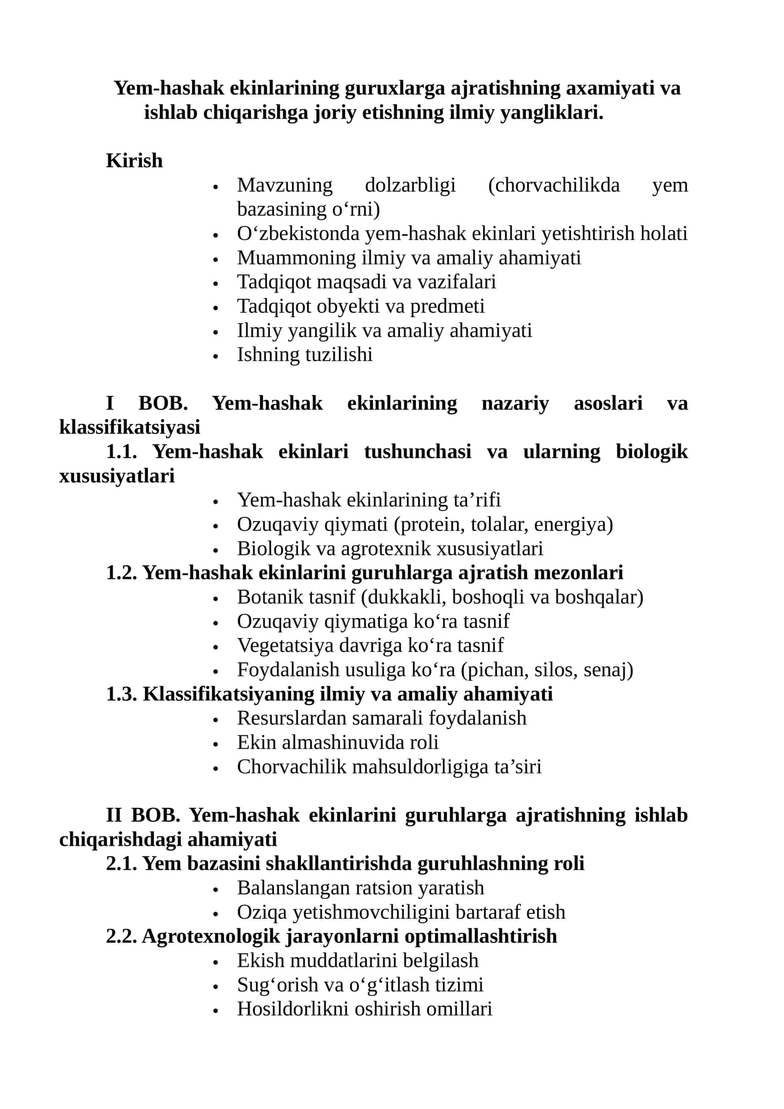 Yem-hashak ekinlarining guruhlarga ajratishning ahamiyati va ishlab chiqarishga joriy etishning ilmiy yangliklari