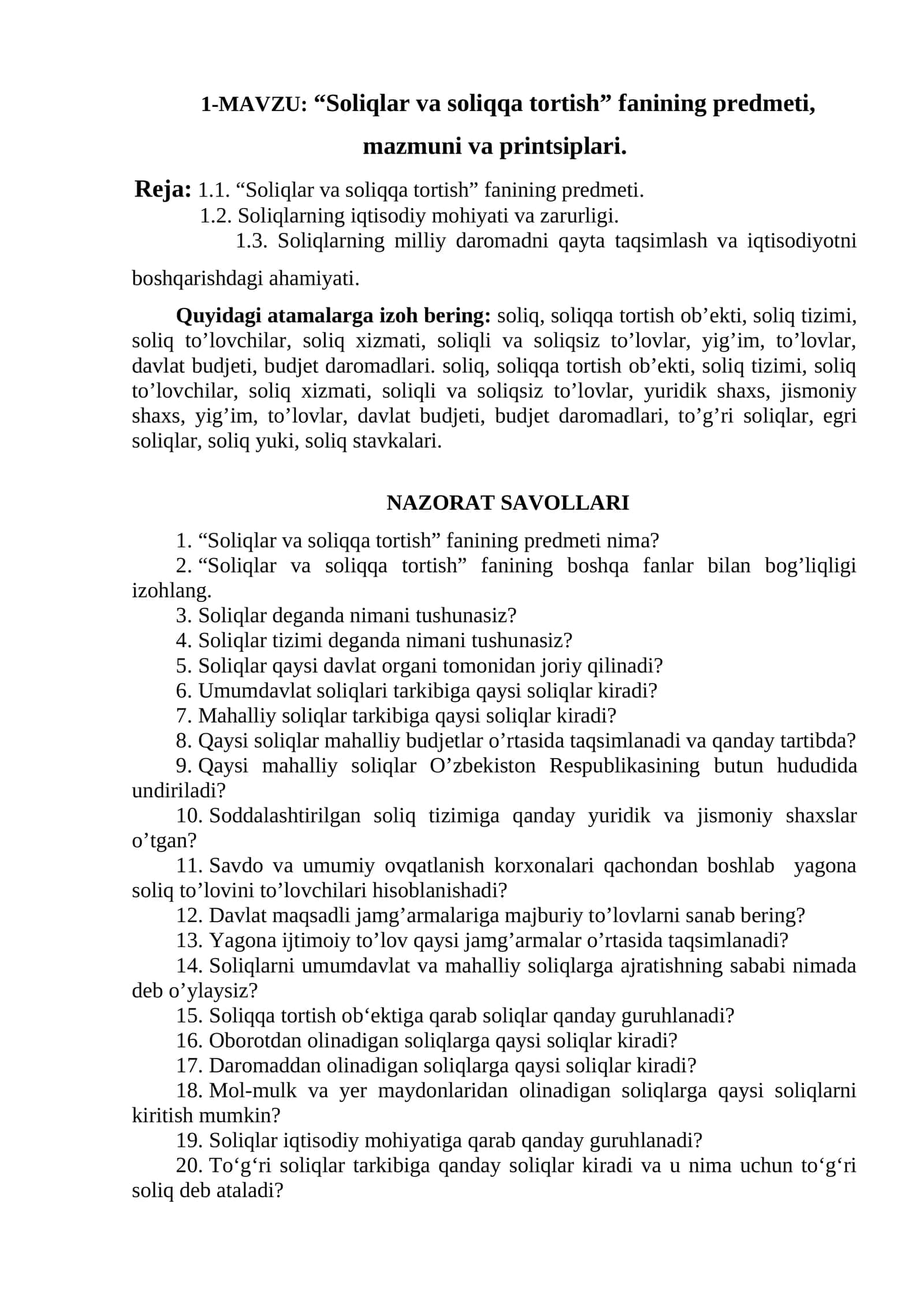 “Soliqlar va soliqqa tortish” fanining predmeti, mazmuni va printsiplari