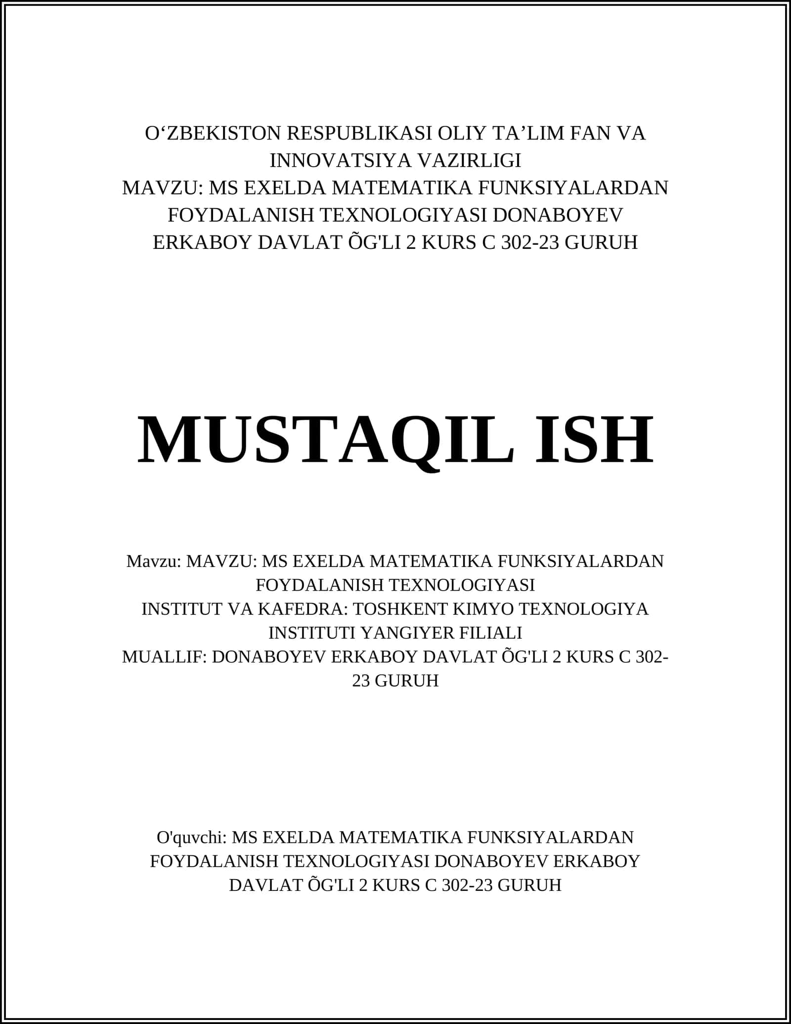 MS EXELDA MATEMATIKA FUNKSIYALARDAN FOYDALANISH TEXNOLOGIYASI