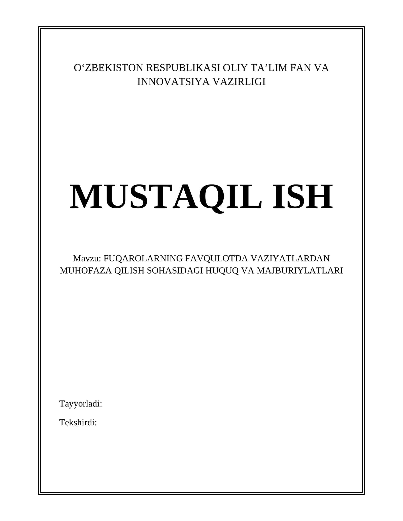 FUQAROLARNING FAVQULOTDA VAZIYATLARDAN MUHOFAZA QILISH SOHASIDAGI HUQUQ VA MAJBURIYLATLARI