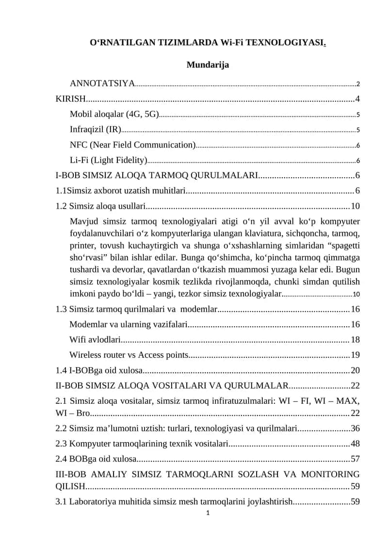 O‘RNATILGAN TIZIMLARDA Wi-Fi TEXNOLOGIYASI