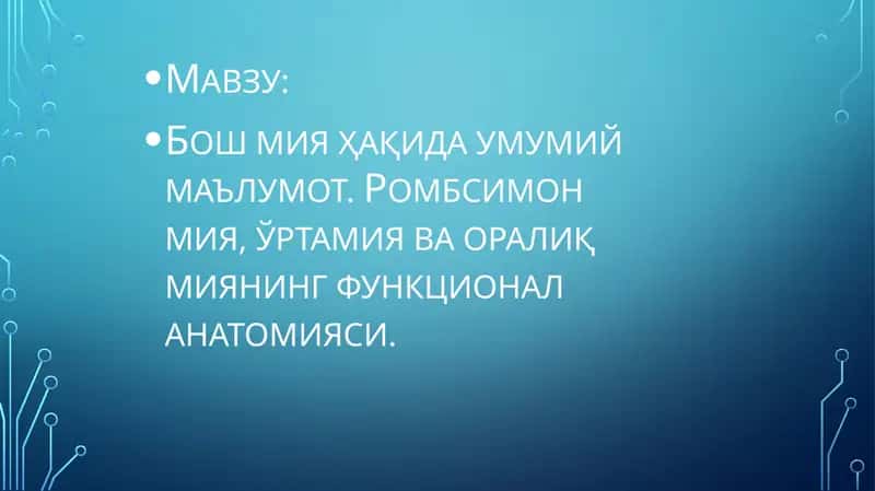 Бош мия ҳақида умумий маълумот. Ромбсимон мия, ўртамия ва оралиқ миянинг функционал анатомияси.