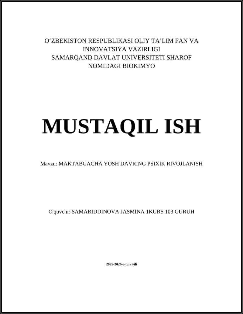 MAKTABGACHA YOSH DAVRING PSIXIK RIVOJLANISH