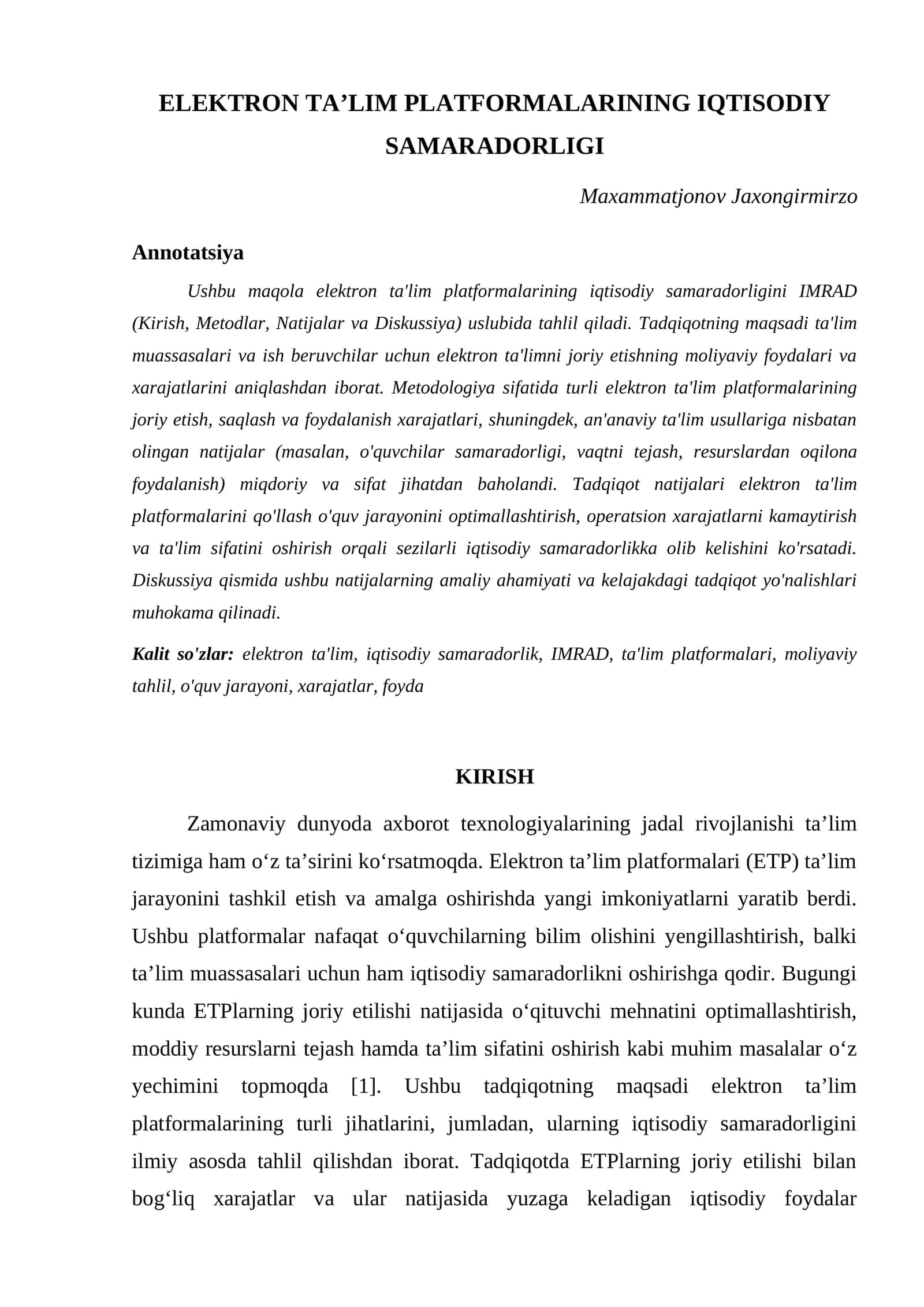 ELEKTRON TA’LIM PLATFORMALARINING IQTISODIY SAMARADORLIGI