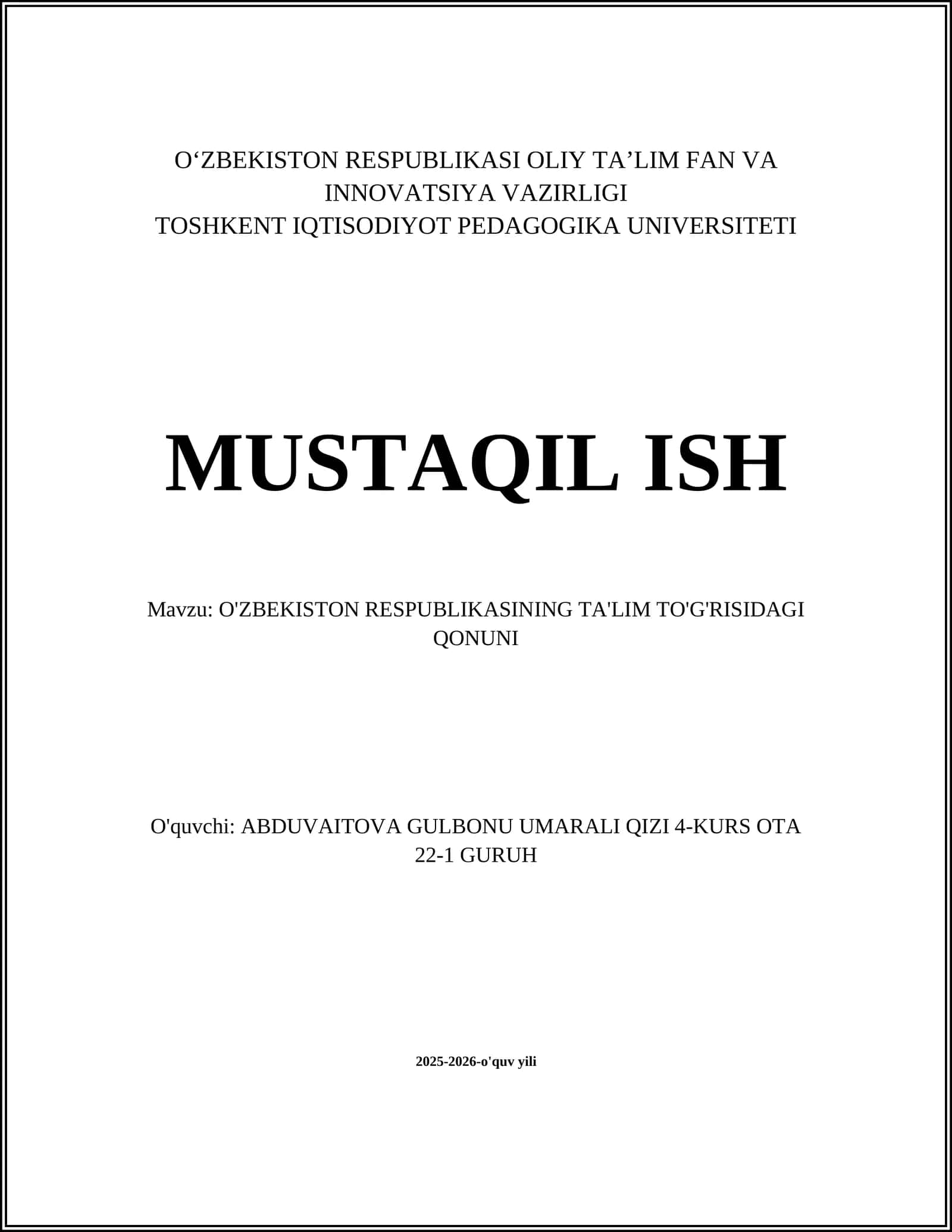 O'ZBEKISTON RESPUBLIKASINING TA'LIM TO'G'RISIDAGI QONUNI