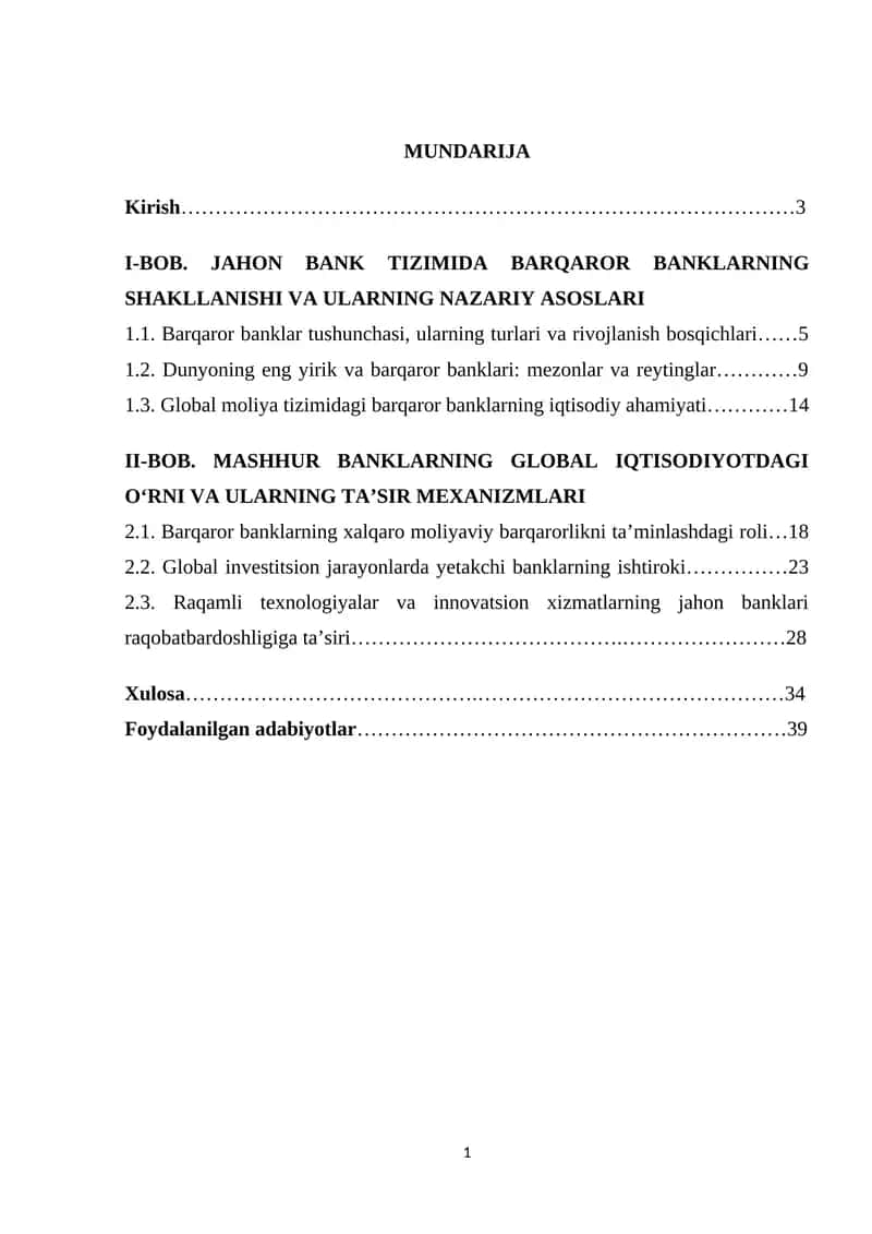 Jahonda mashhur va barqaror banklarning global iqtisodiyotda tutgan o'rni