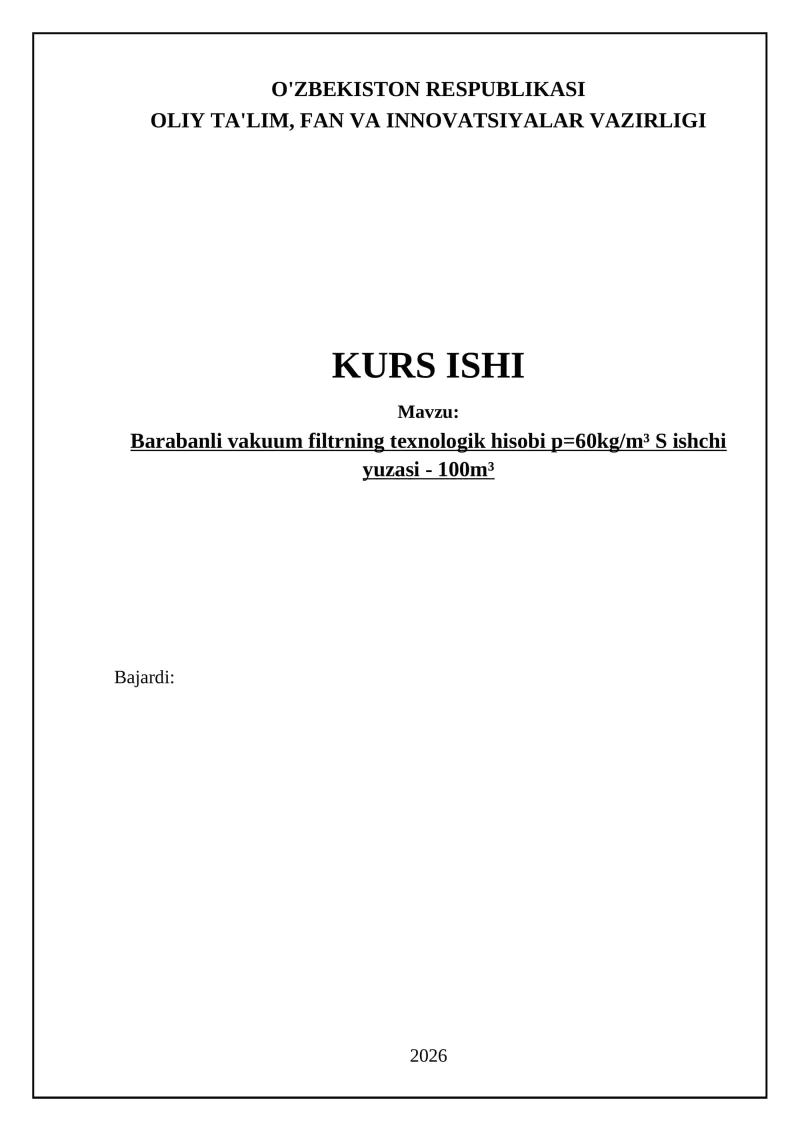 Barabanli vakuum filtrning texnologik hisobi