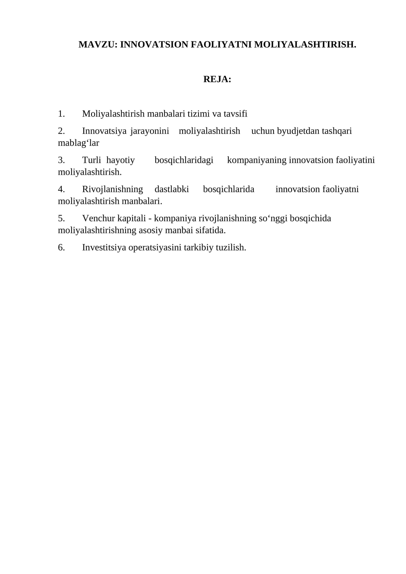 INNOVATSION FAOLIYATNI MOLIYALASHTIRISH