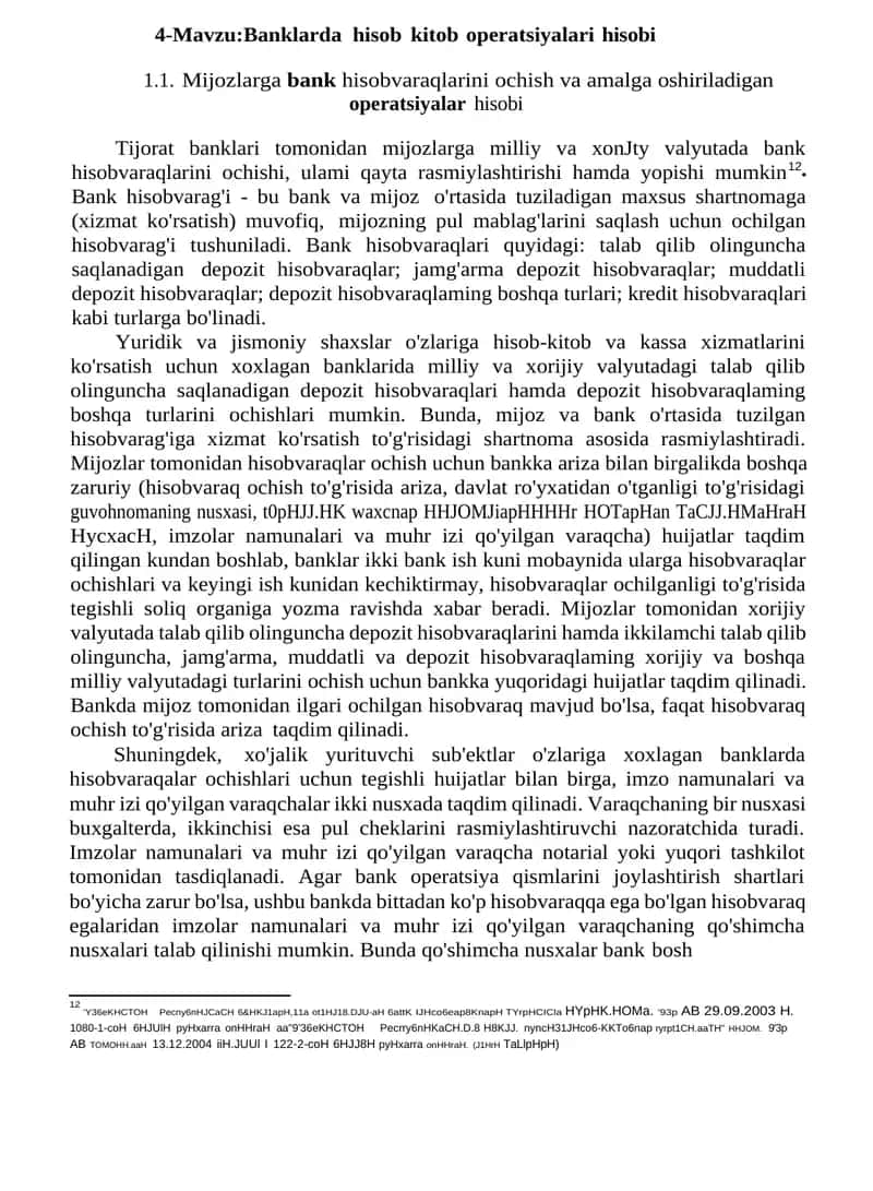 Banklarda hisob kitob operatsiyalari hisobi