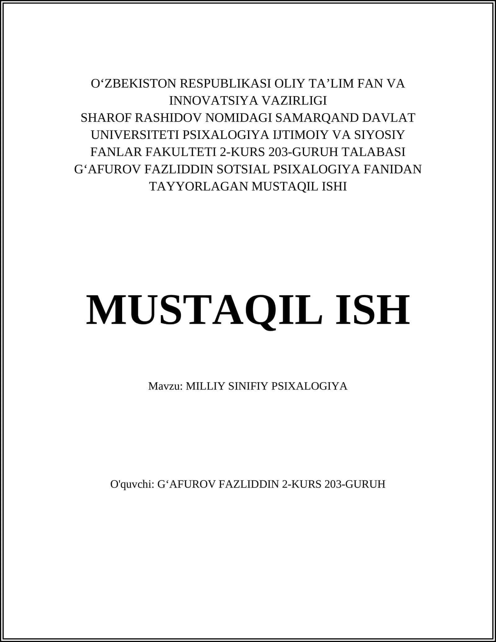 MILLIY SINIFIY PSIXALOGIYA