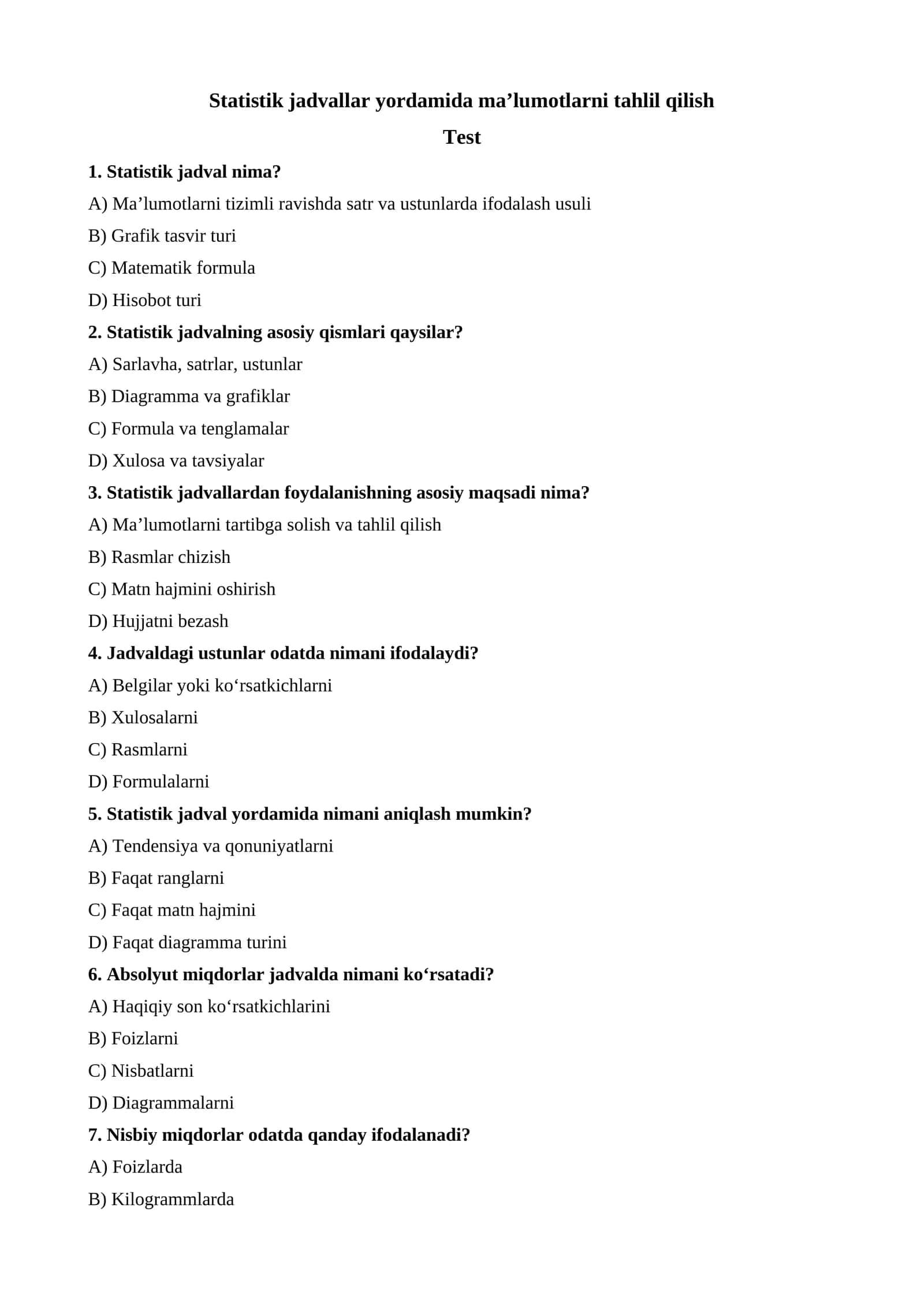 Statistik jadvallar yordamida ma’lumotlarni tahlil qilish test