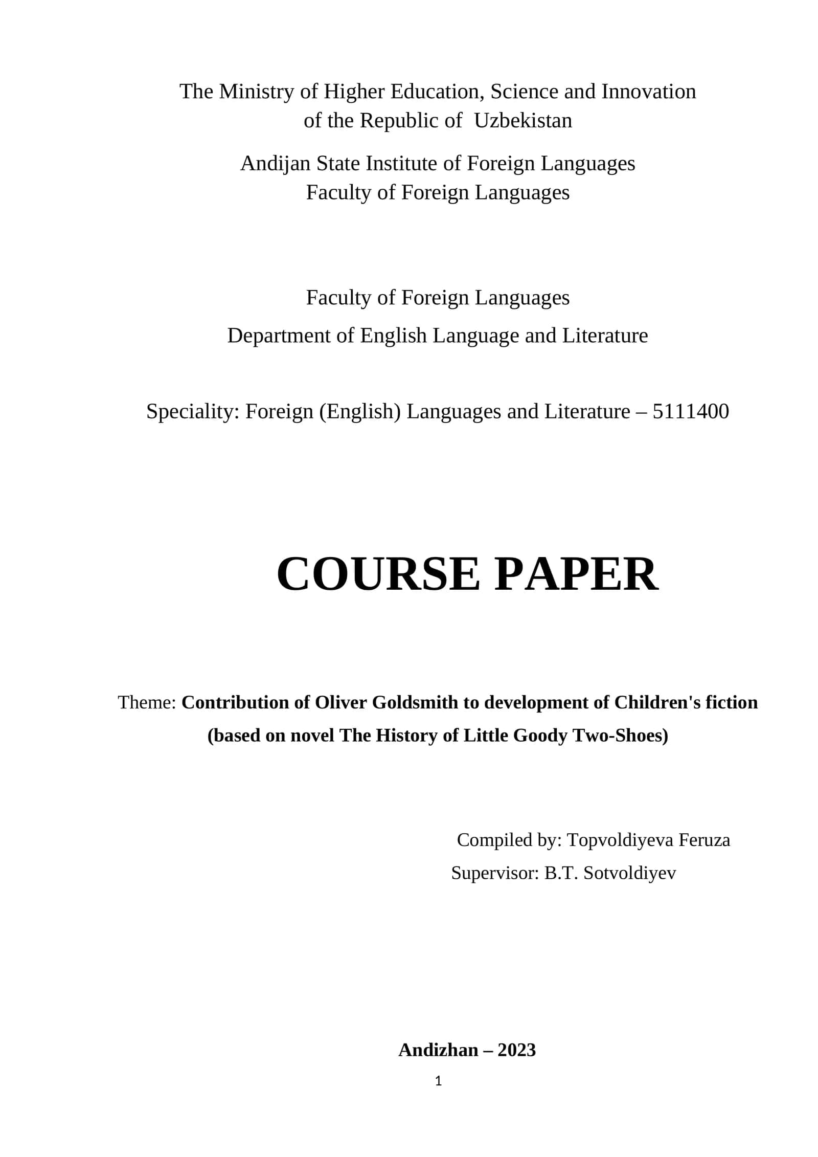Contribution of Oliver Goldsmith to development of Children's fiction