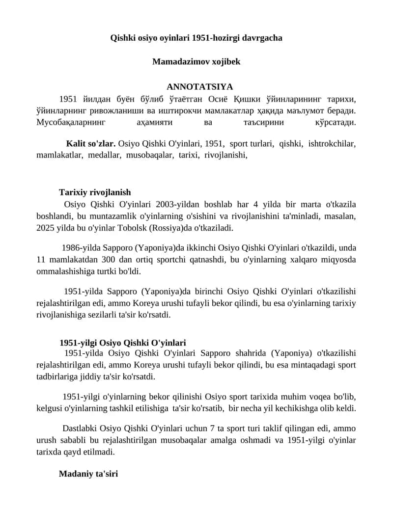 Qishki osiyo oyinlari 1951-hozirgi davrgacha