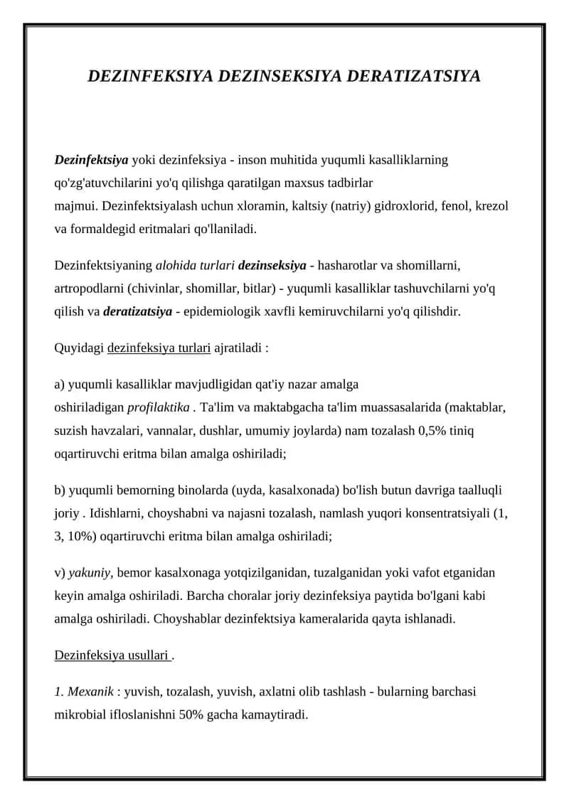 DEZINFEKSIYA DEZINSEKSIYA DERATIZATSIYA