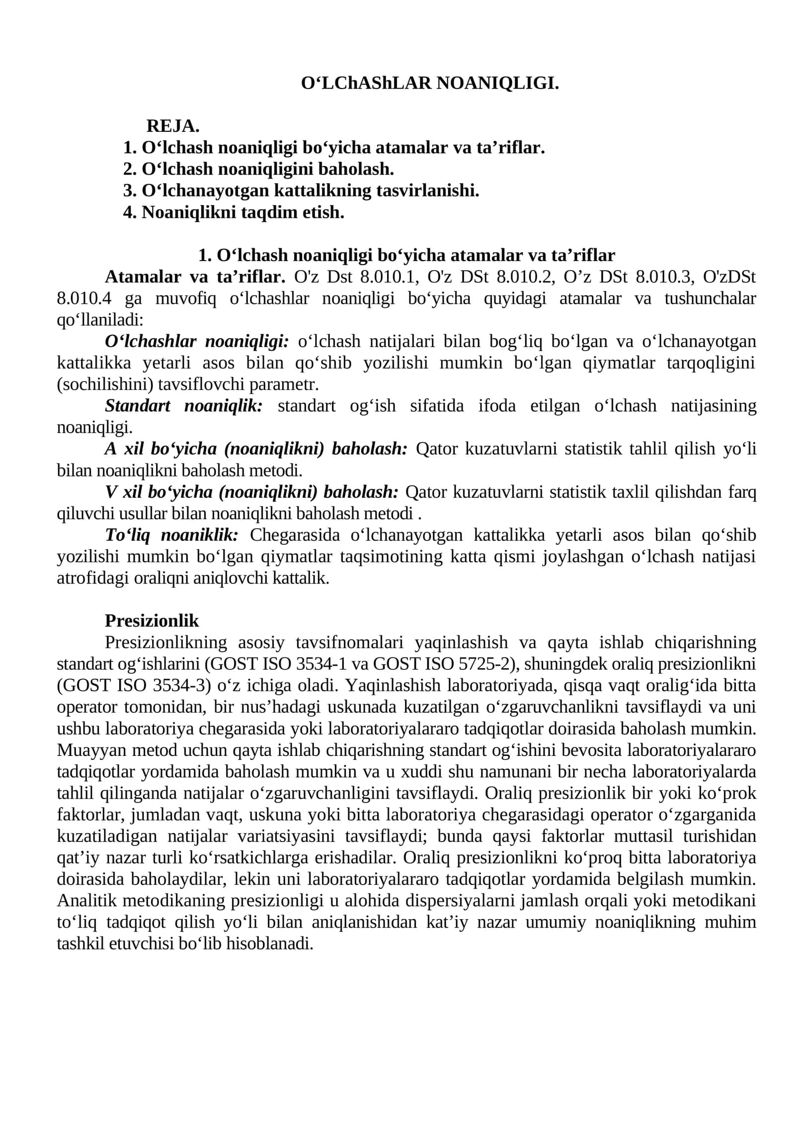 O‘LChAShLAR NOANIQLIGI