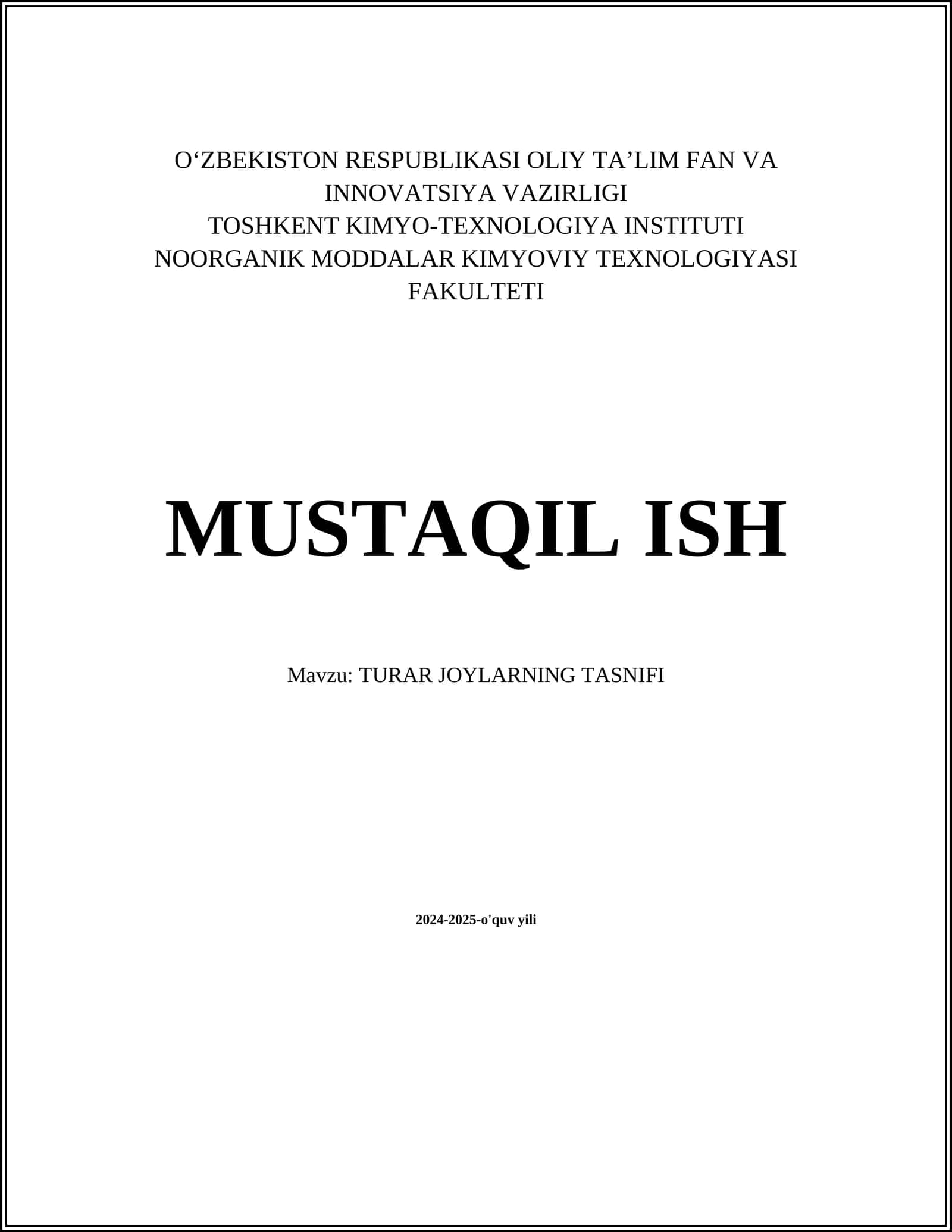 TURAR JOYLARNING TASNIFI