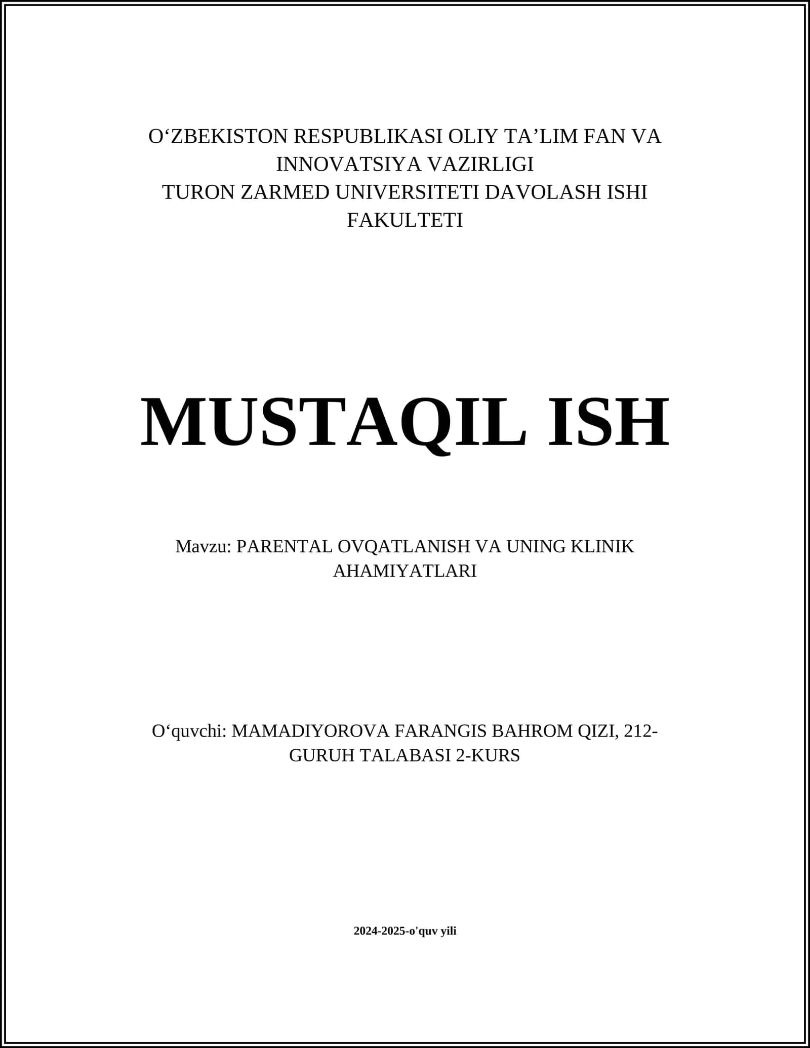 PARENTAL OVQATLANISH VA UNING KLINIK AHAMIYATLARI