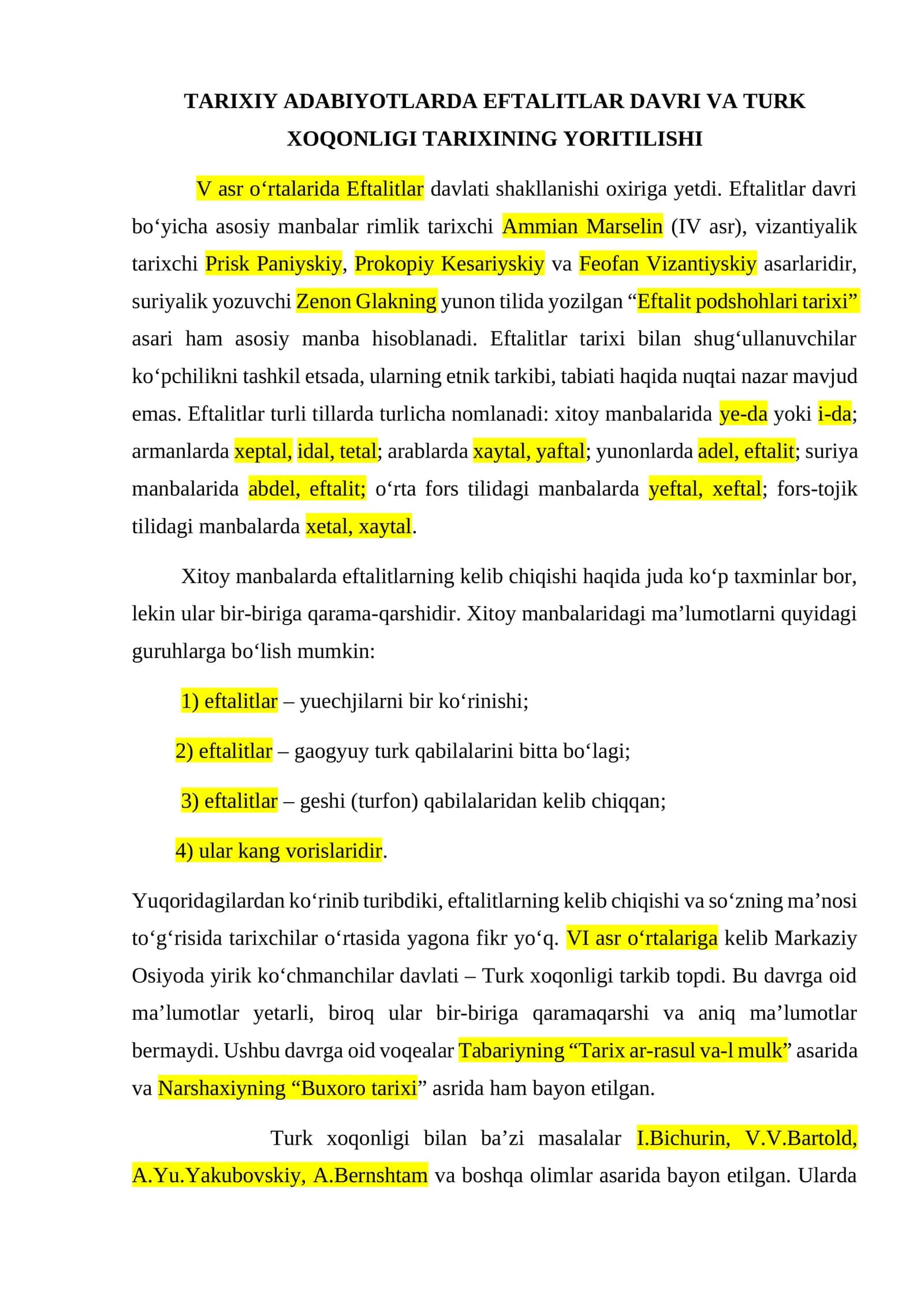 TARIXIY ADABIYOTLARDA EFTALITLAR DAVRI VA TURK XOQONLIGI TARIXINING YORITILISHI