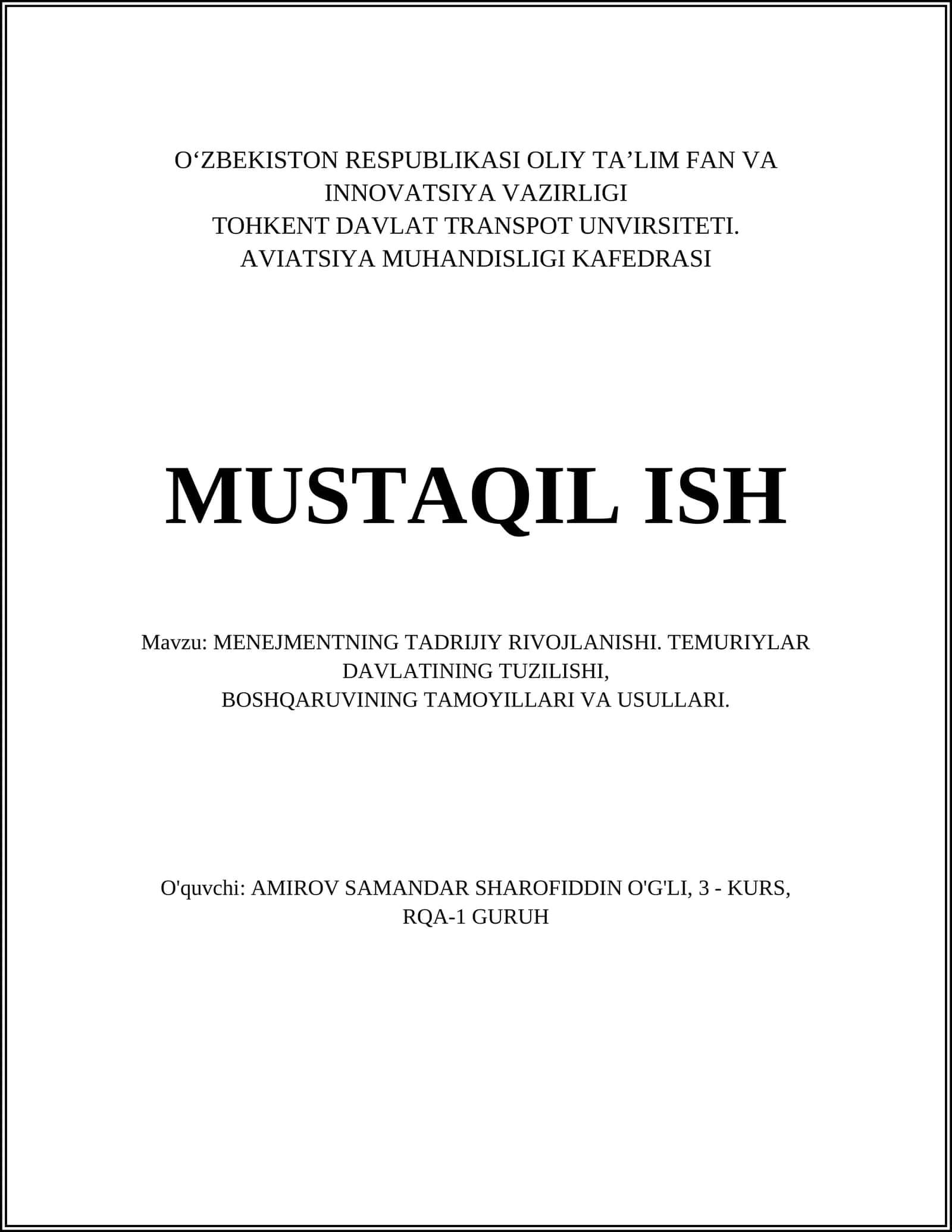 MENEJMENTNING TADRIJIY RIVOJLANISHI