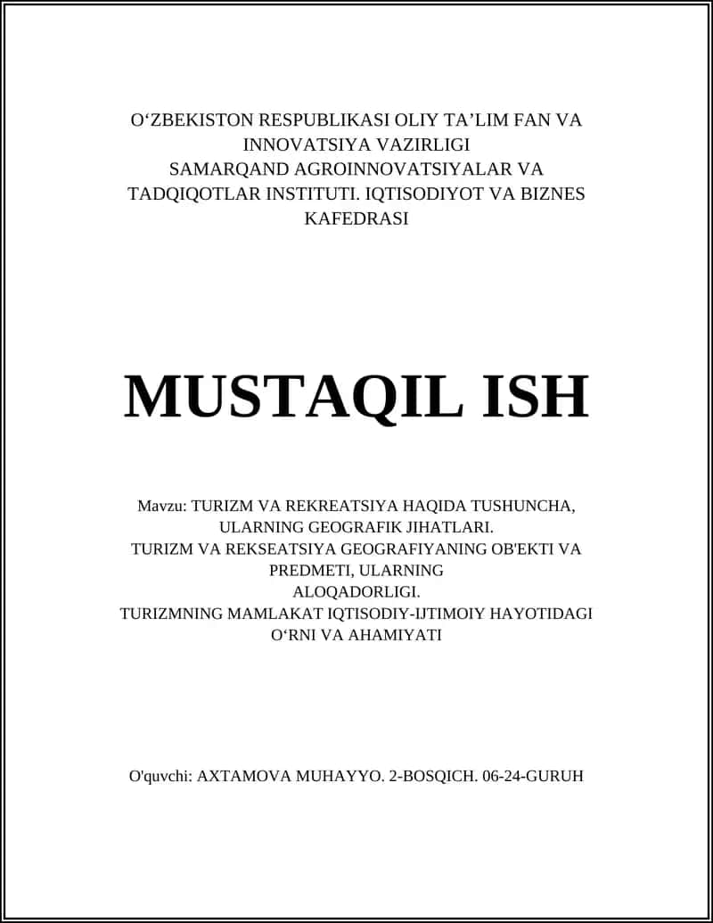 Turizm va Rekreatsiya Haqida Tushuncha