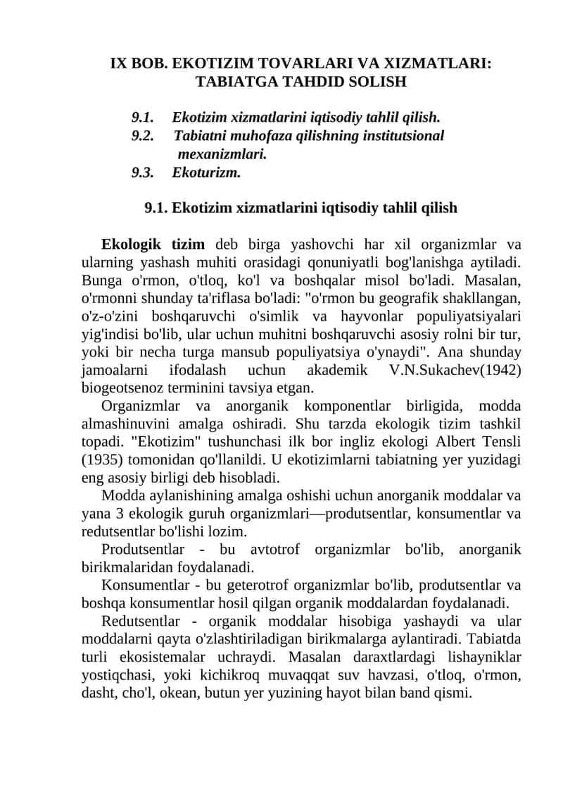 IX BOB. EKOTIZIM TOVARLARI VA XIZMATLARI: TABIATGA TAHDID SOLISH