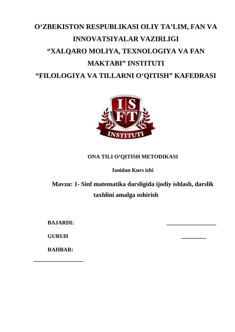 1- Sinf matematika darsligida ijodiy ishlash, darslik taxhlini amalga oshirish