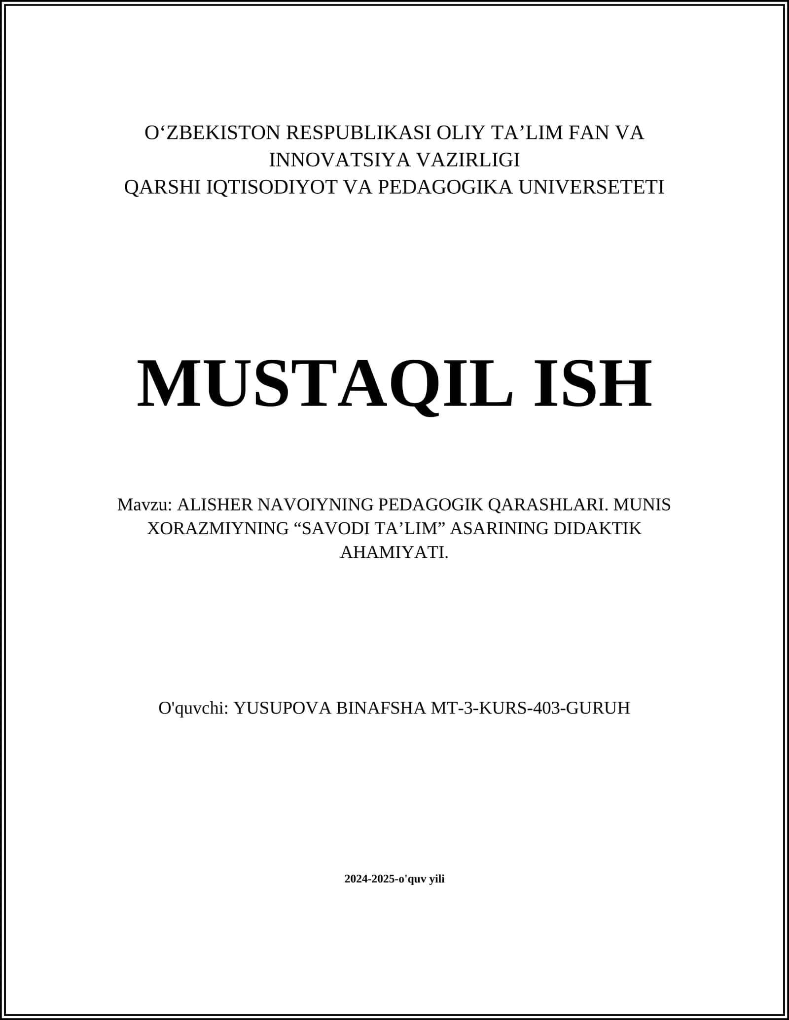 ALISHER NAVOIYNING PEDAGOGIK QARASHLARI