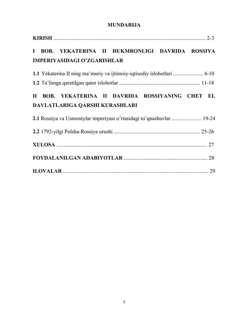 Tarixda Yekaterina II hukmronligi davridagi o'zgarishlar