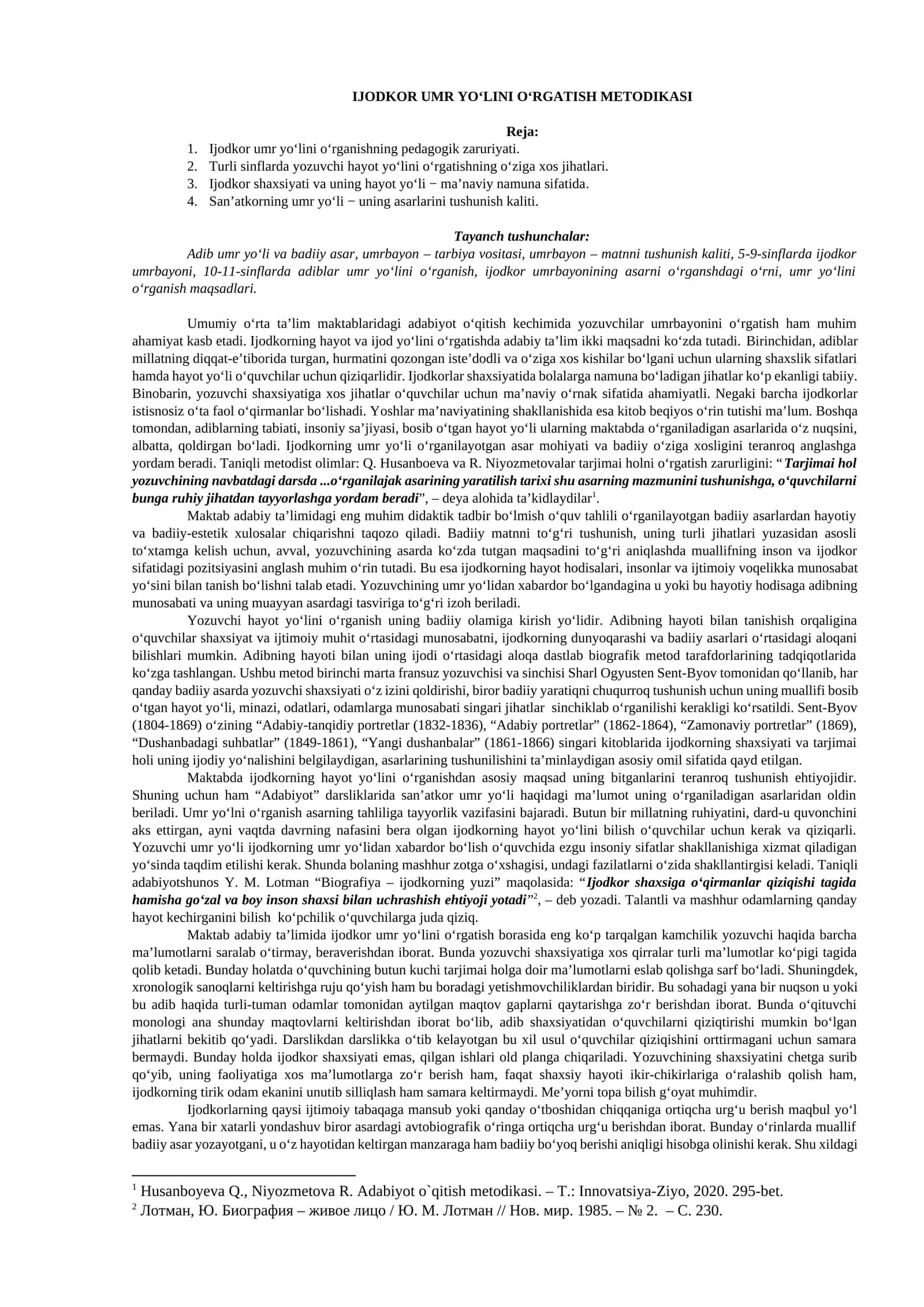 Ijodkor umr yo‘lini o‘rgatish metodikasi