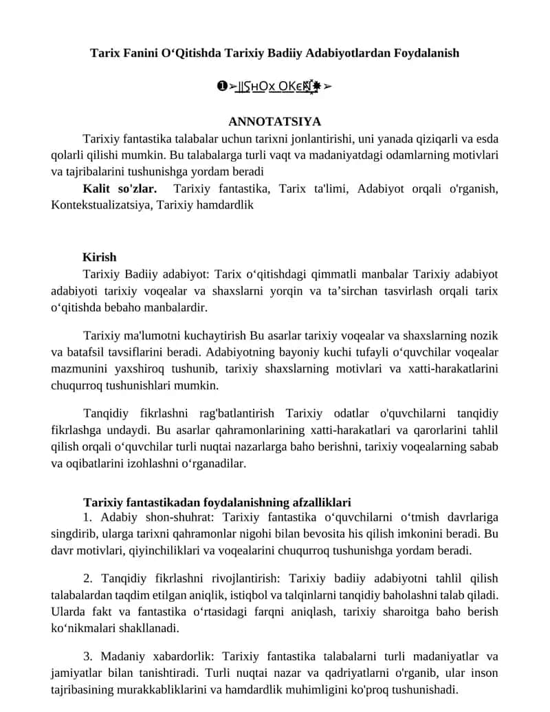 Tarix Fanini OʻQitishda Tarixiy Badiiy Adabiyotlardan Foydalanish