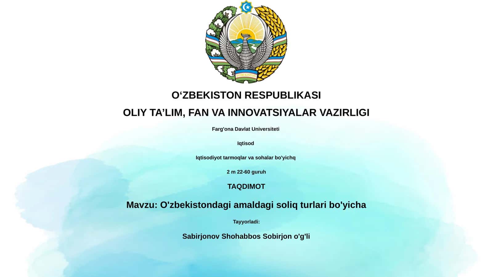 O'zbekistondagi amaldagi soliq turlari bo'yicha