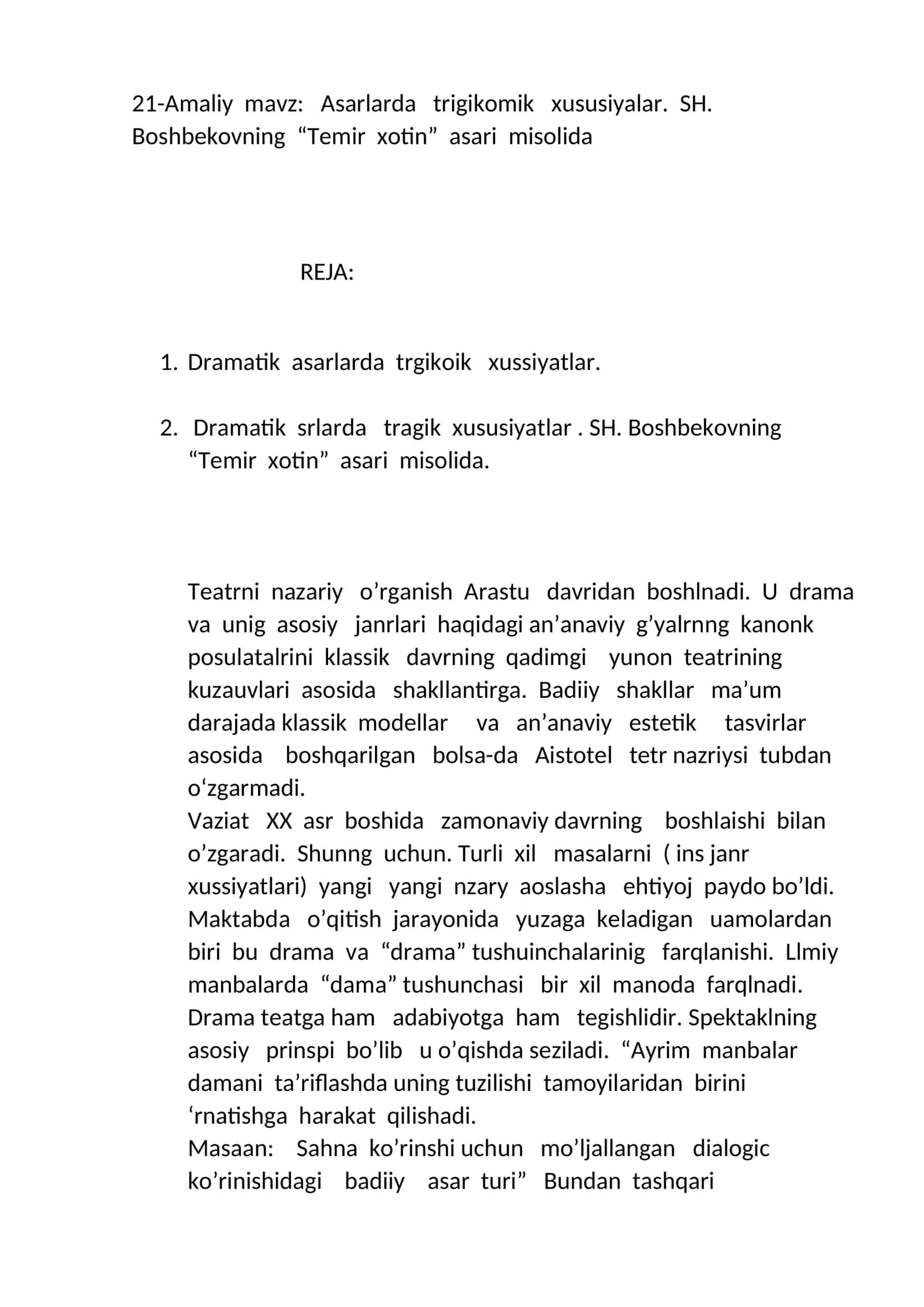 Asarlarda trigikomik xususiyalar. SH. Boshbekovning “Temir xotin” asari misolida