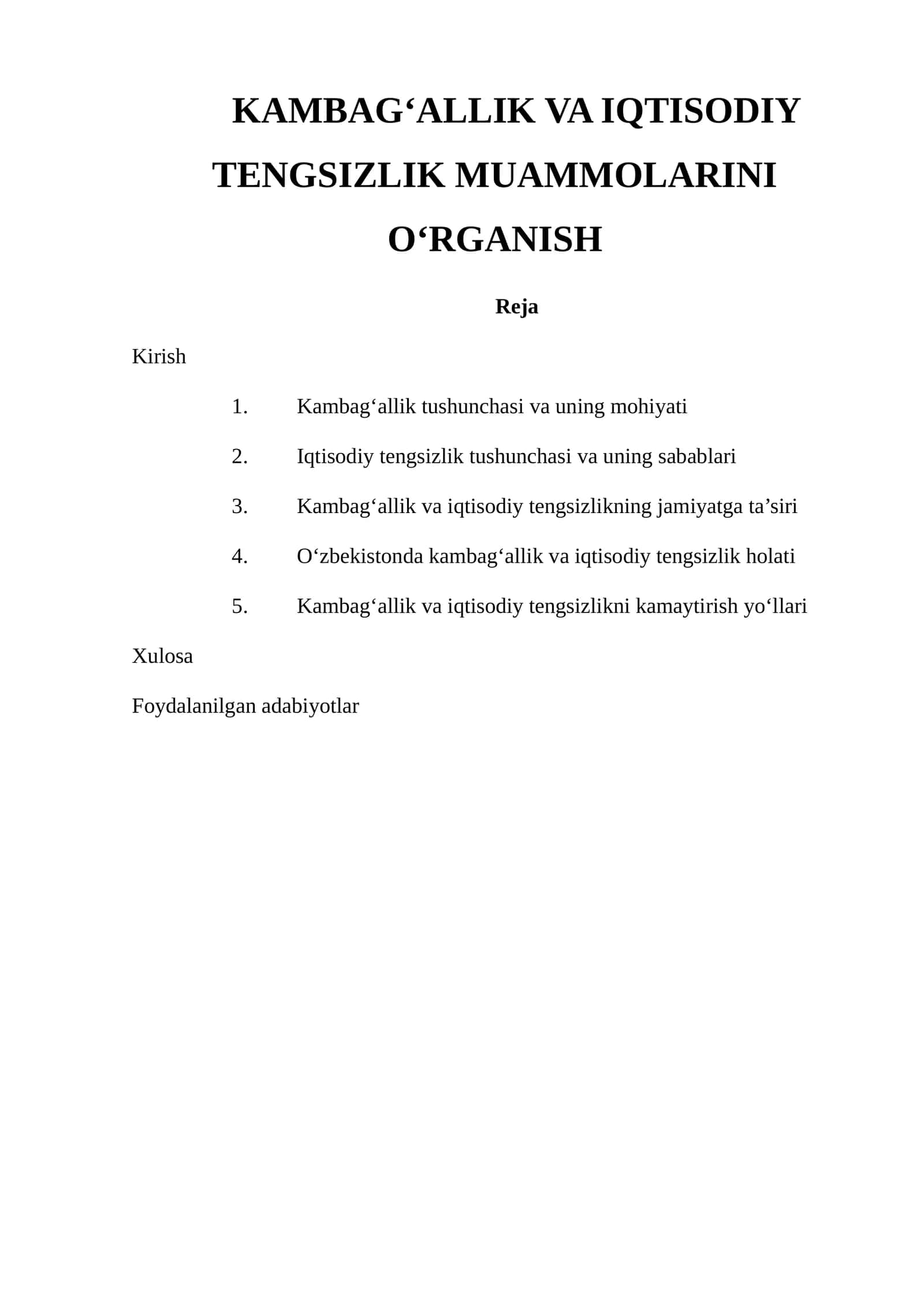 KAMBAG‘ALLIK VA IQTISODIY TENGSIZLIK MUAMMOLARINI O‘RGANISH