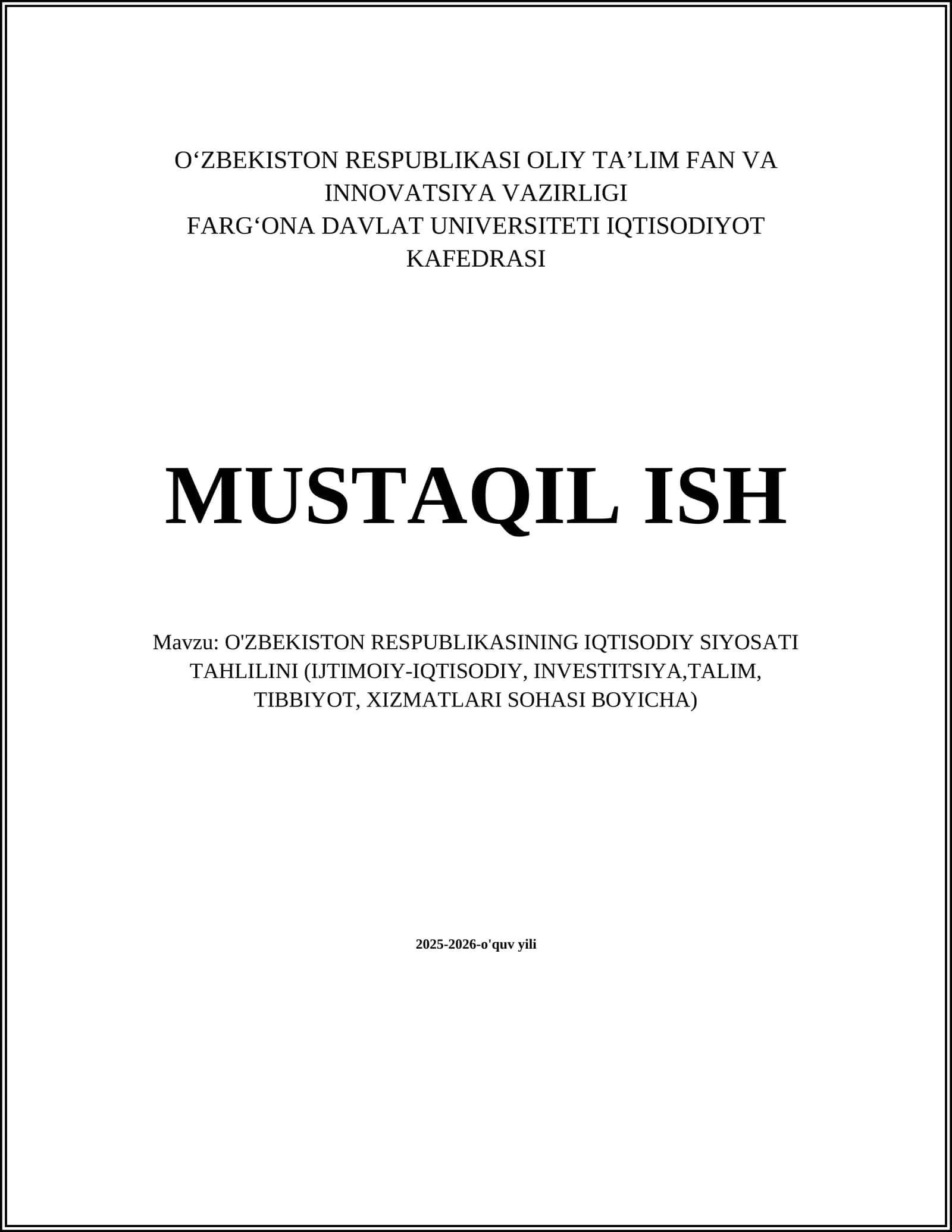 O'ZBEKISTON RESPUBLIKASI IQTISODIY SIYOSATI TAHLILI