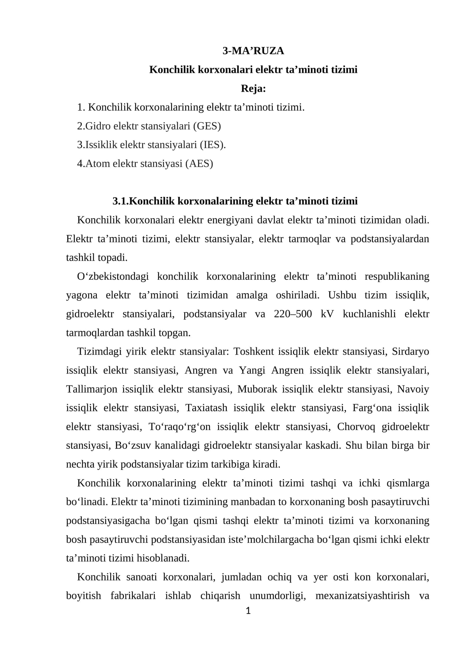 Konchilik korxonalari elektr ta’minoti tizimi