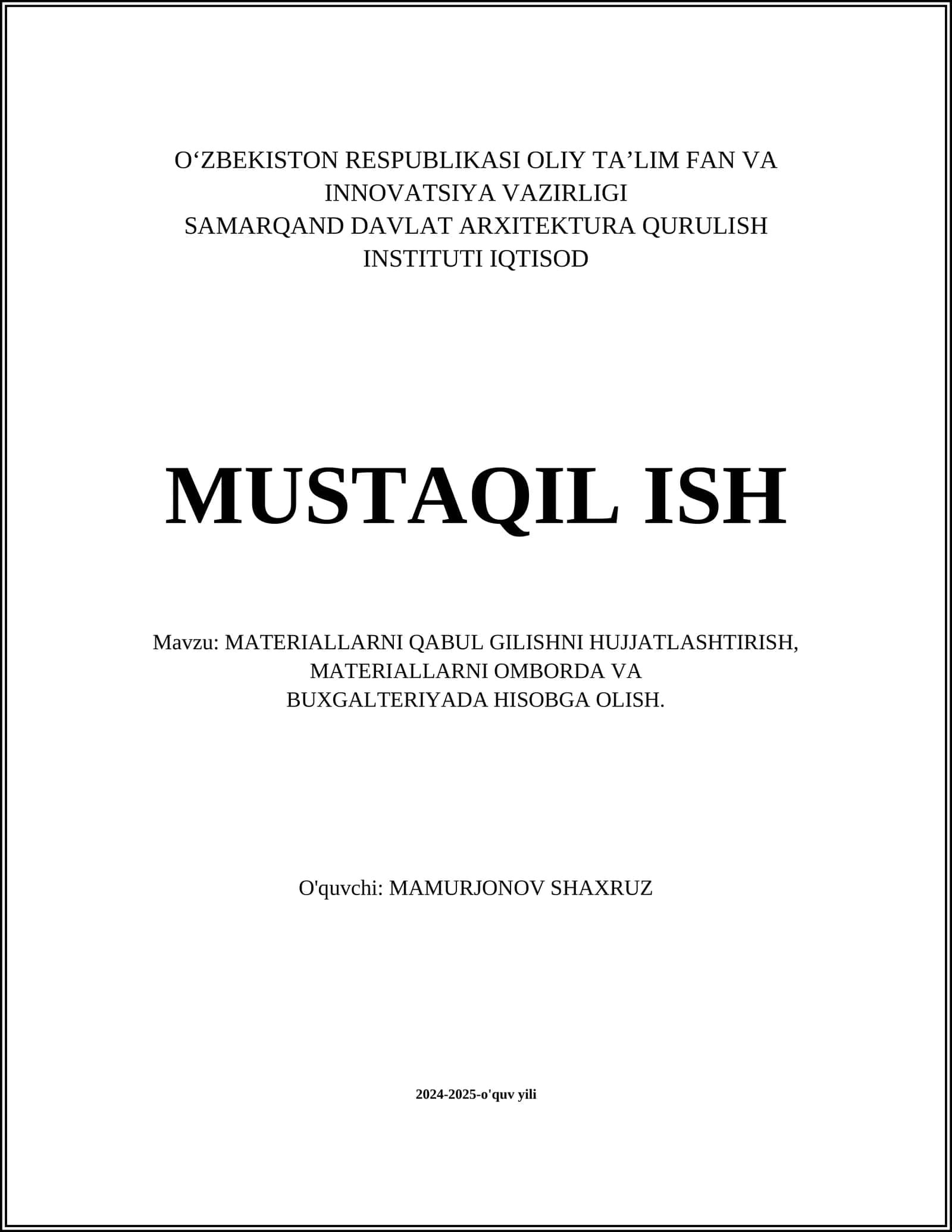 Materiallarni Hujjatlashtirish Tizimi