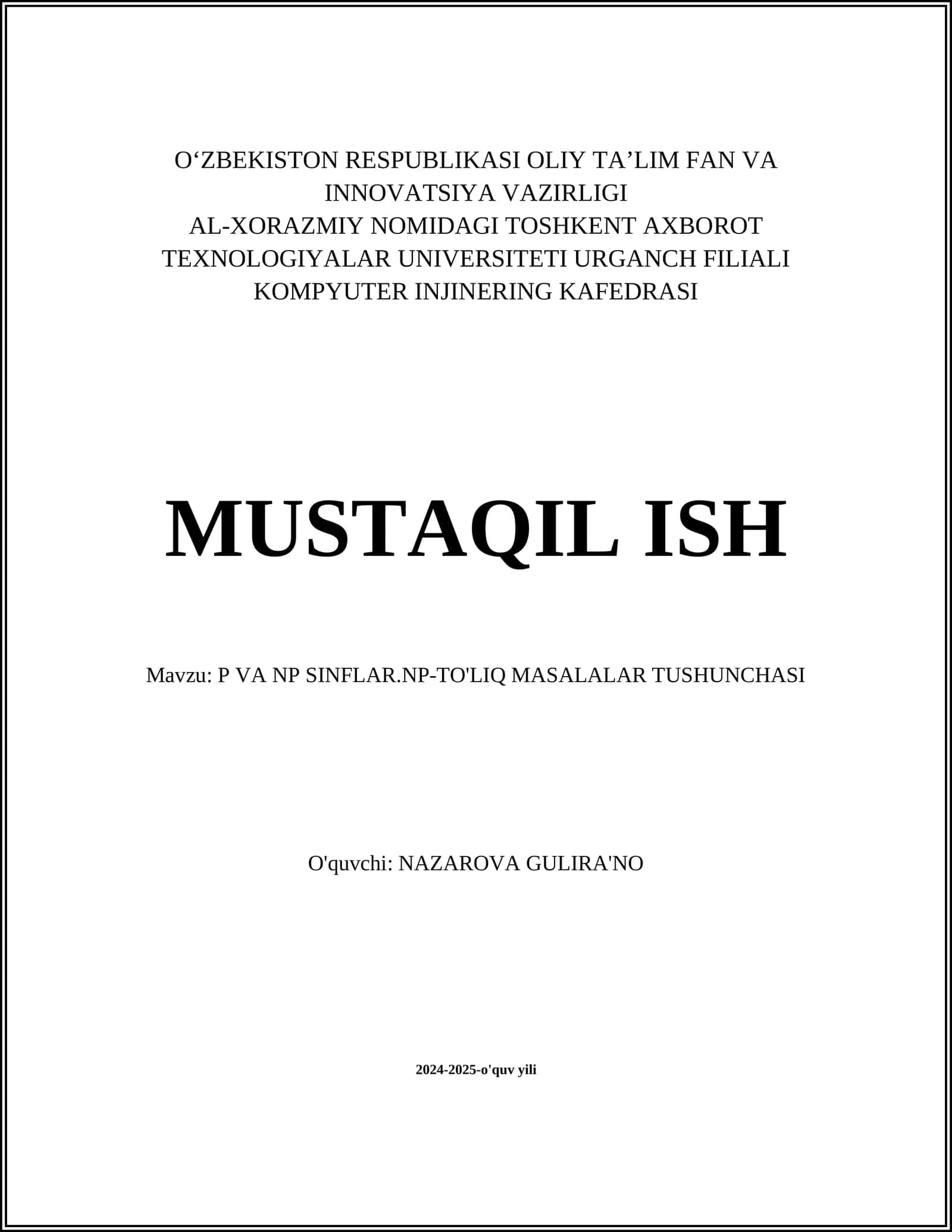 P VA NP SINFLAR.NP-TO'LIQ MASALALAR TUSHUNCHASI