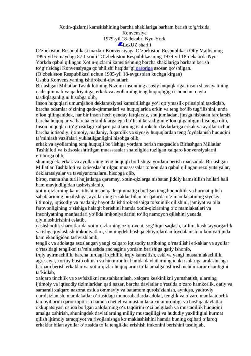 Xotin-qizlarni kamsitishining barcha shakllariga barham berish to‘g‘risida Konvensiya