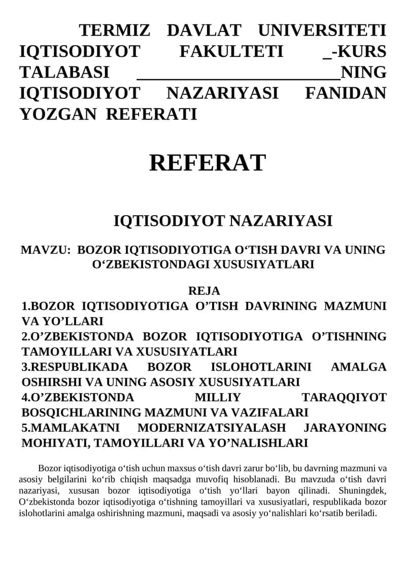 BOZOR IQTISODIYOTIGA O‘TISH DAVRI VA UNING O‘ZBEKISTONDAGI XUSUSIYATLARI