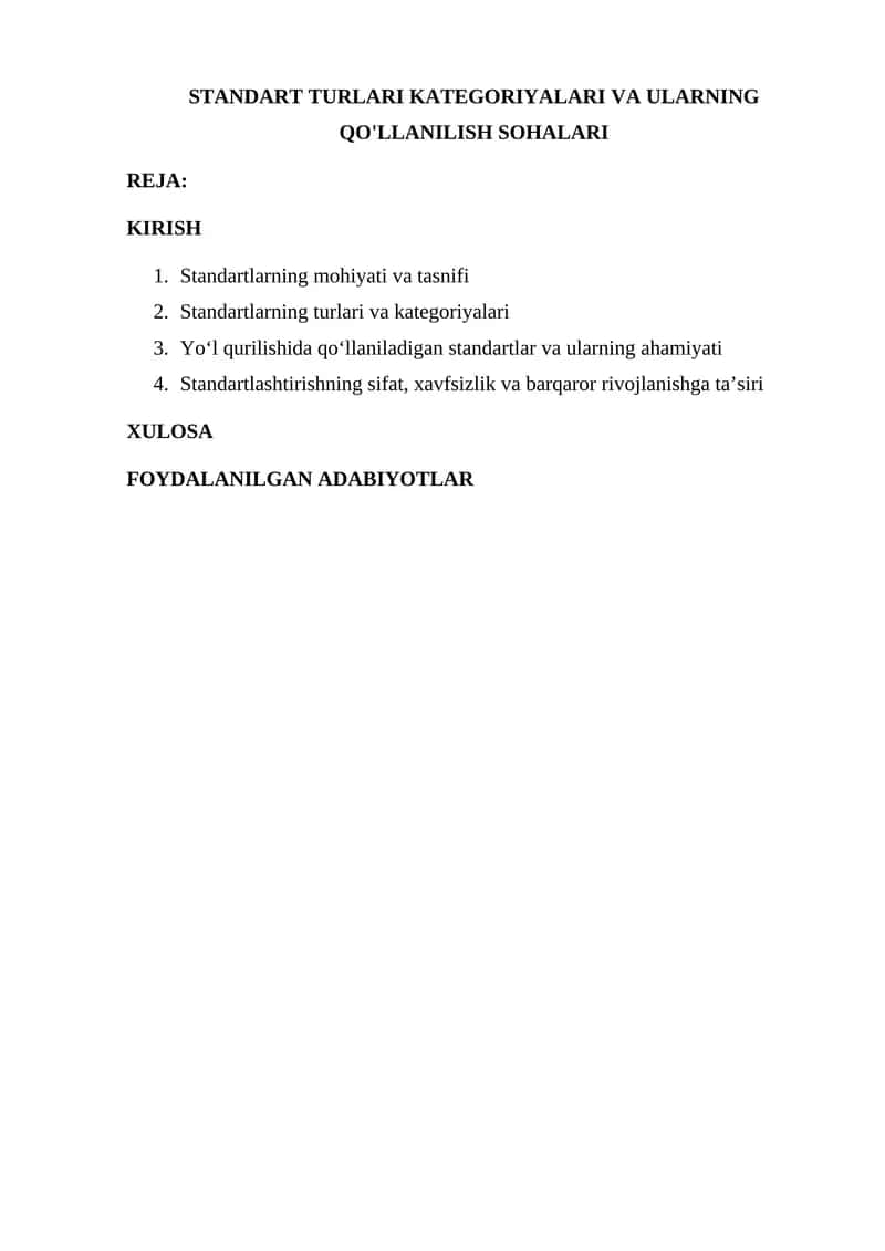 STANDART TURLARI KATEGORIYALARI VA ULARNING QO'LLANILISH SOHALARI