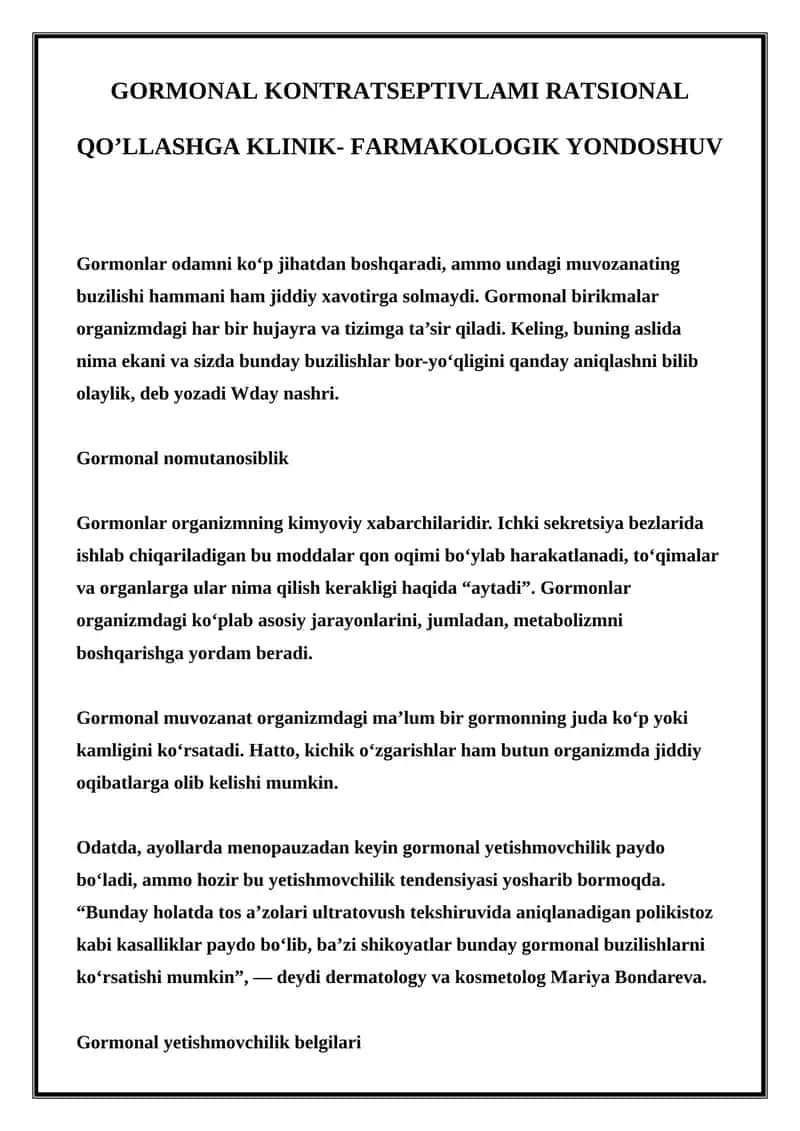 Gormonal kontratseptivlami ratssional qo'llashga klinik-farmakologik yondoshuv
