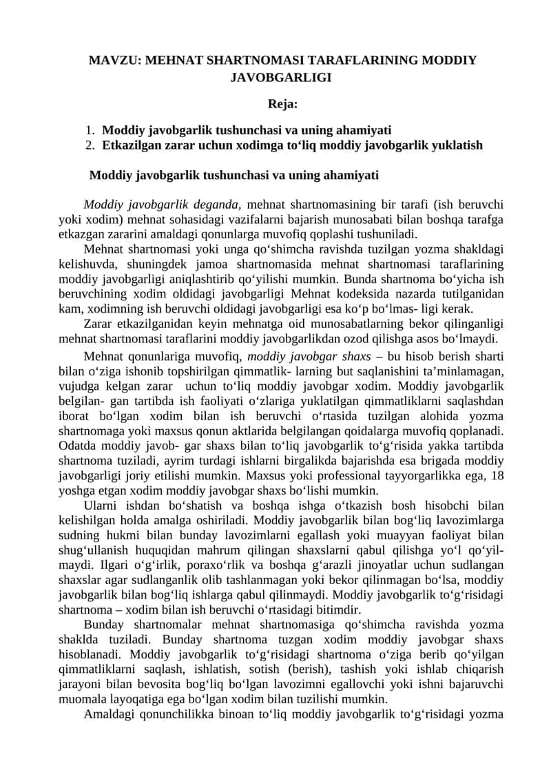 MEHNAT SHARTNOMASI TARAFLARINING MODDIY JAVOBGARLIGI