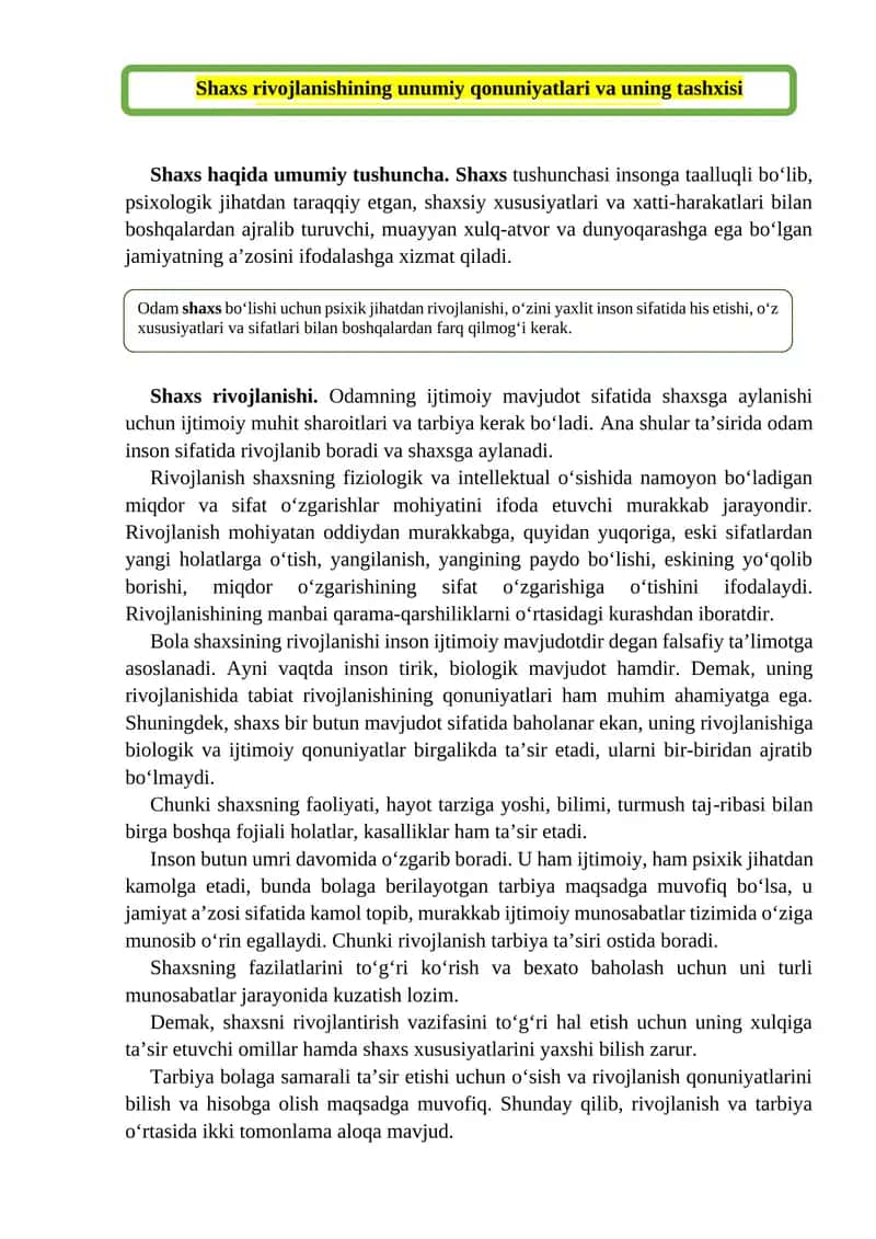 Shaxs rivojlanishining unumiy qonuniyatlari