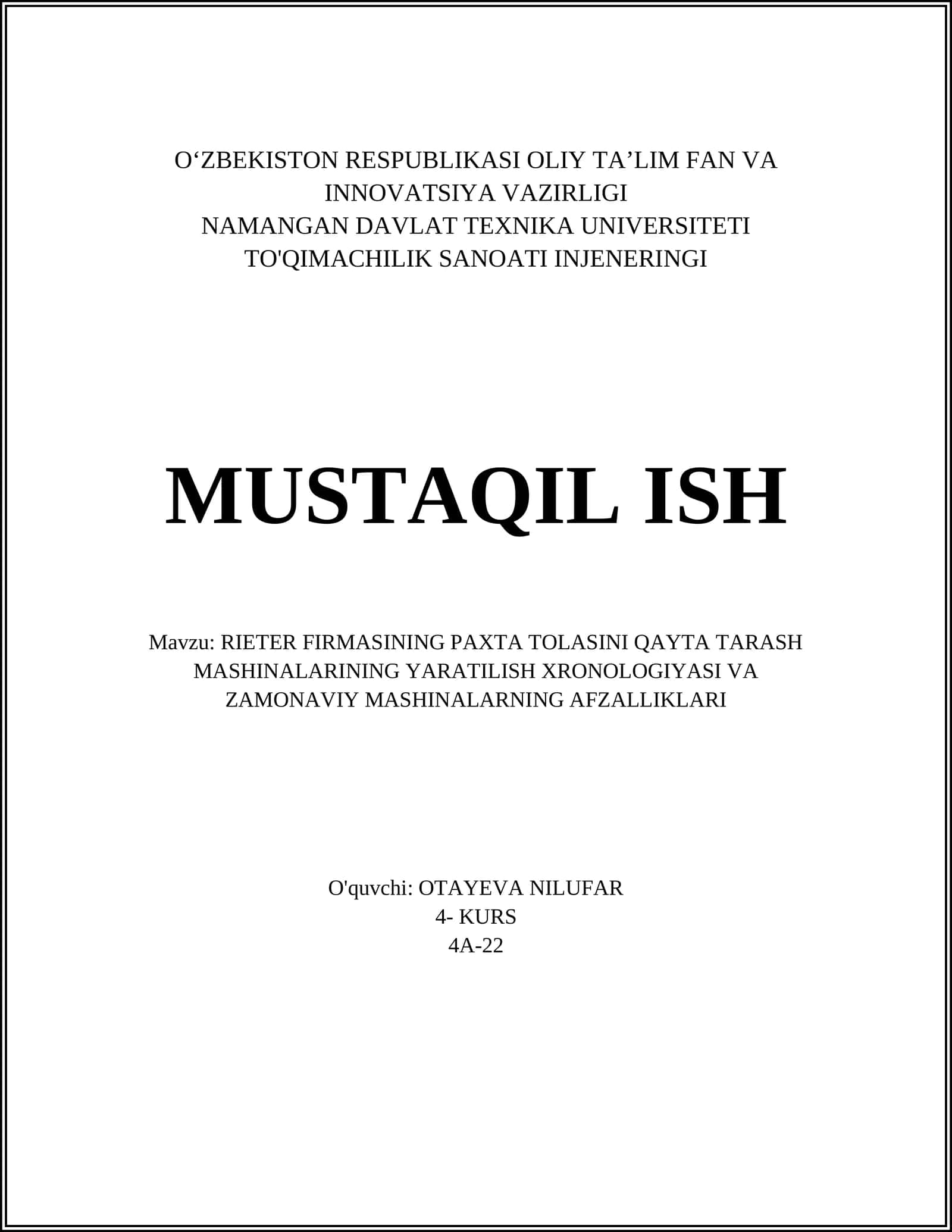RIETER FIRMASINING PAXTA TOLASINI QAYTA TARASH MASHINALARI
