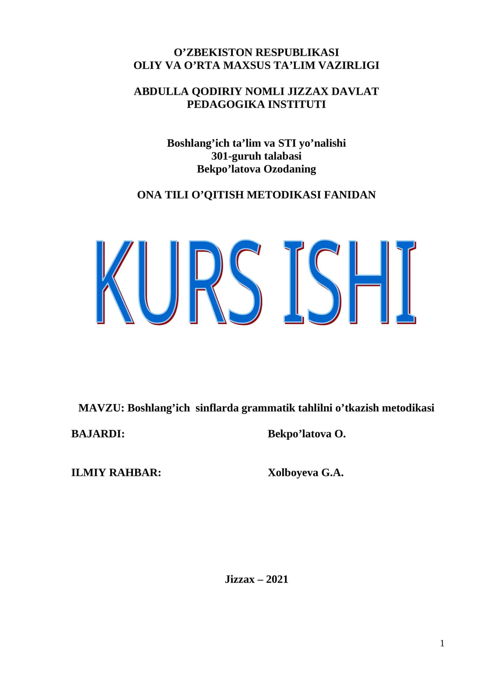 Boshlang’ich sinflarda grammatik tahlilni o’tkazish metodikasi