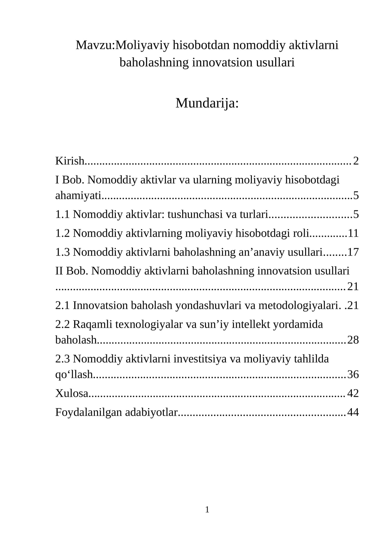 Moliyaviy hisobotdan nomoddiy aktivlarni baholashning innovatsion usullari