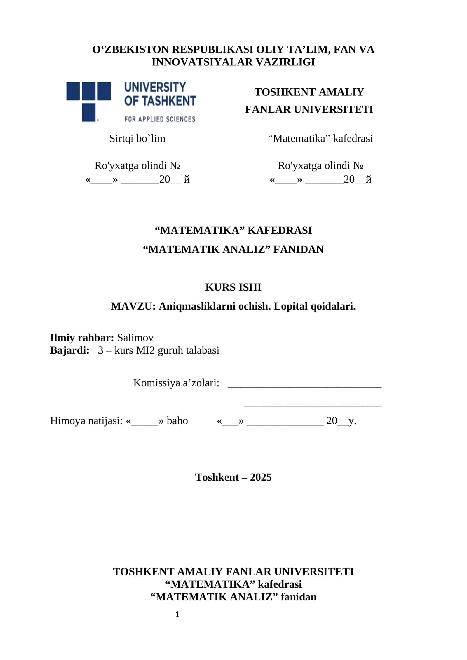 Aniqmasliklarni ochish. Lopital qoidalari