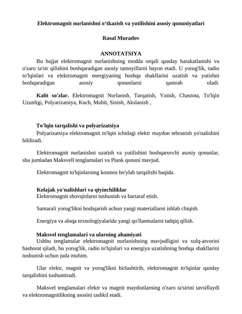 Elektromagnit nurlanishni oʻtkazish va yutilishini asosiy qonuniyatlari