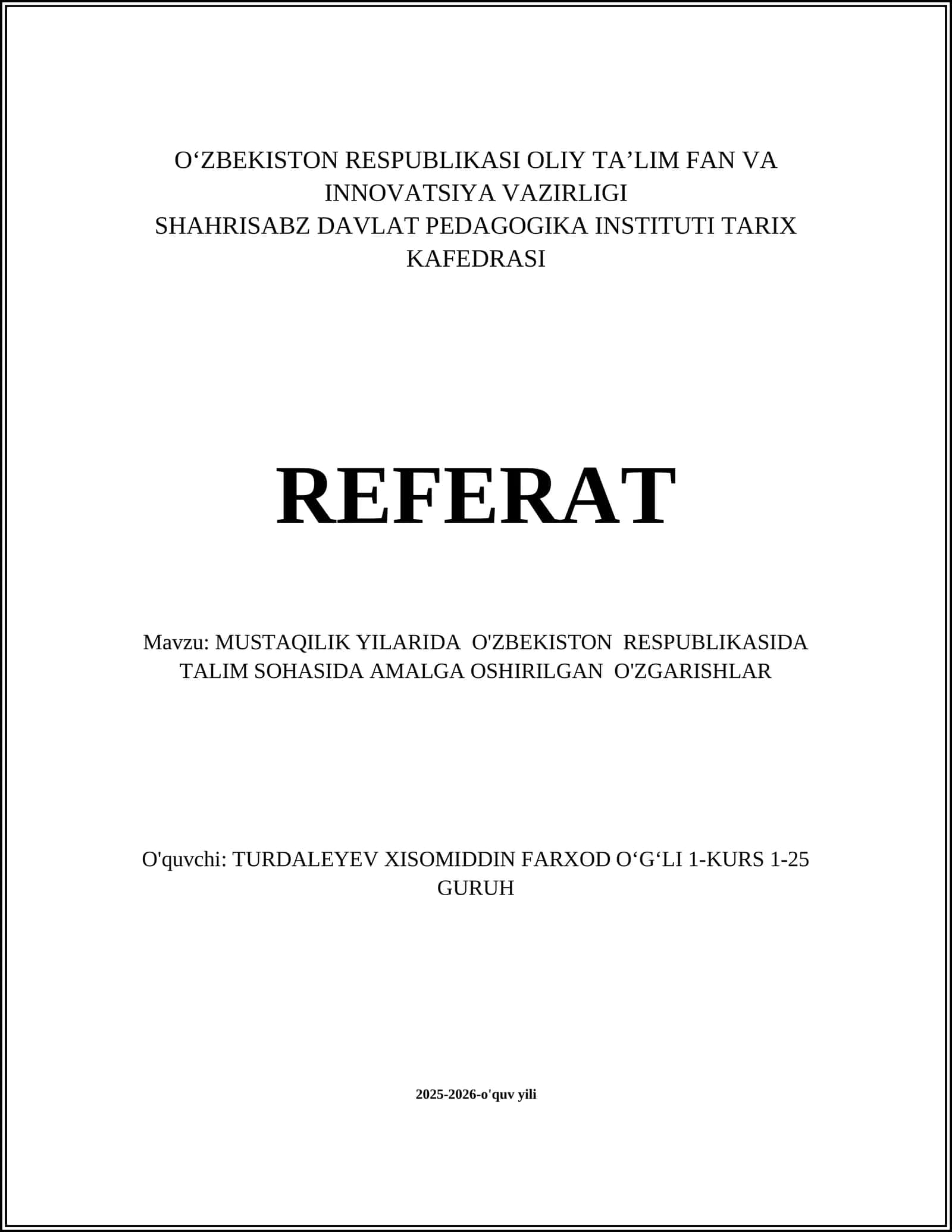 O'ZBEKISTON RESPUBLIKASI OLIY TA’LIM FAN VA INNOVATSIYA VAZIRLIGI